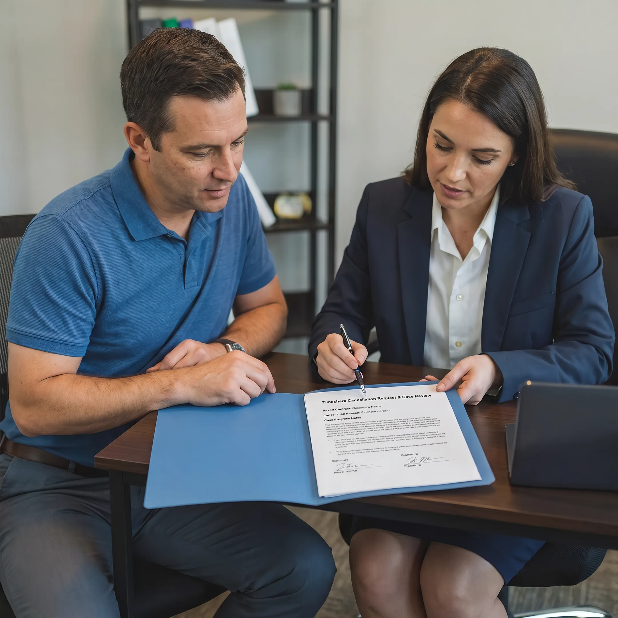 Timeshare owner reviewing cancellation documents with a case manager