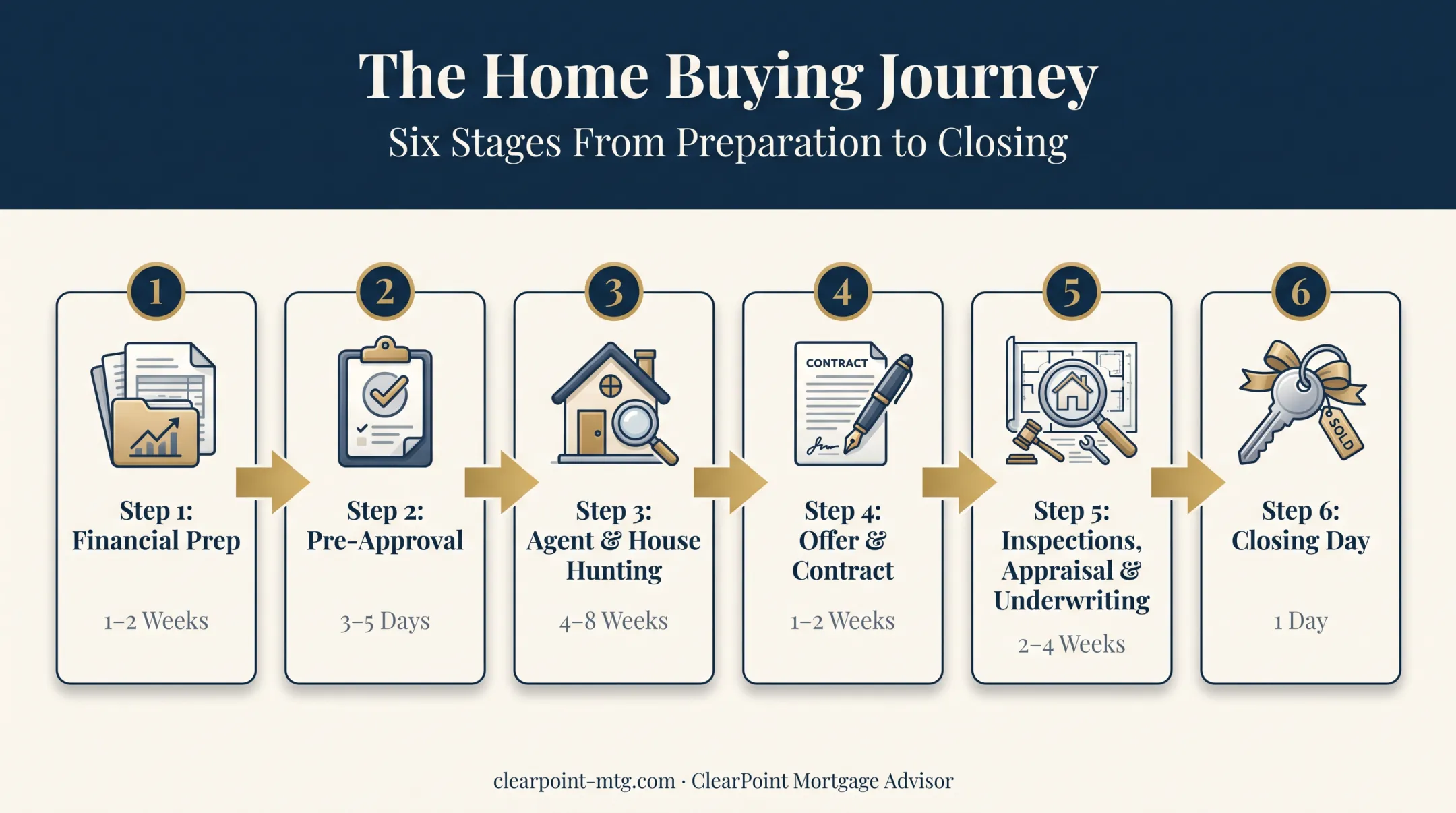 6-step home buying process timeline from finances to closing