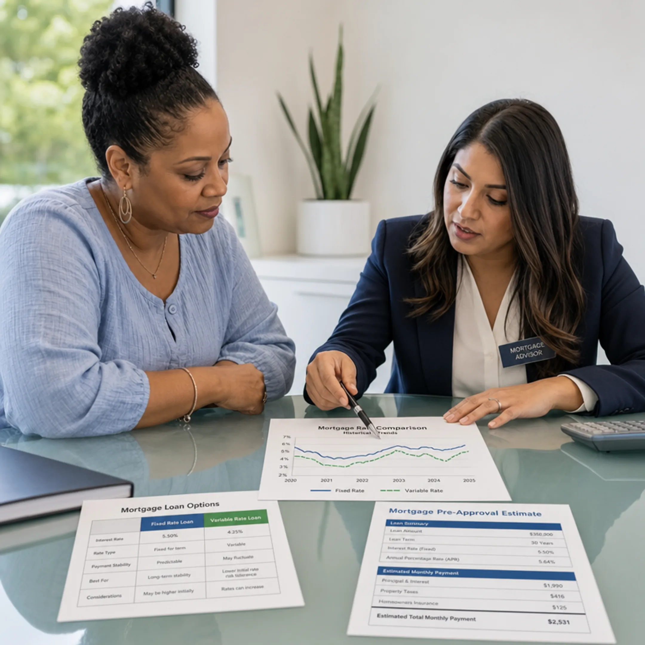 Homeowner reviewing mortgage rate documents with financial advisor