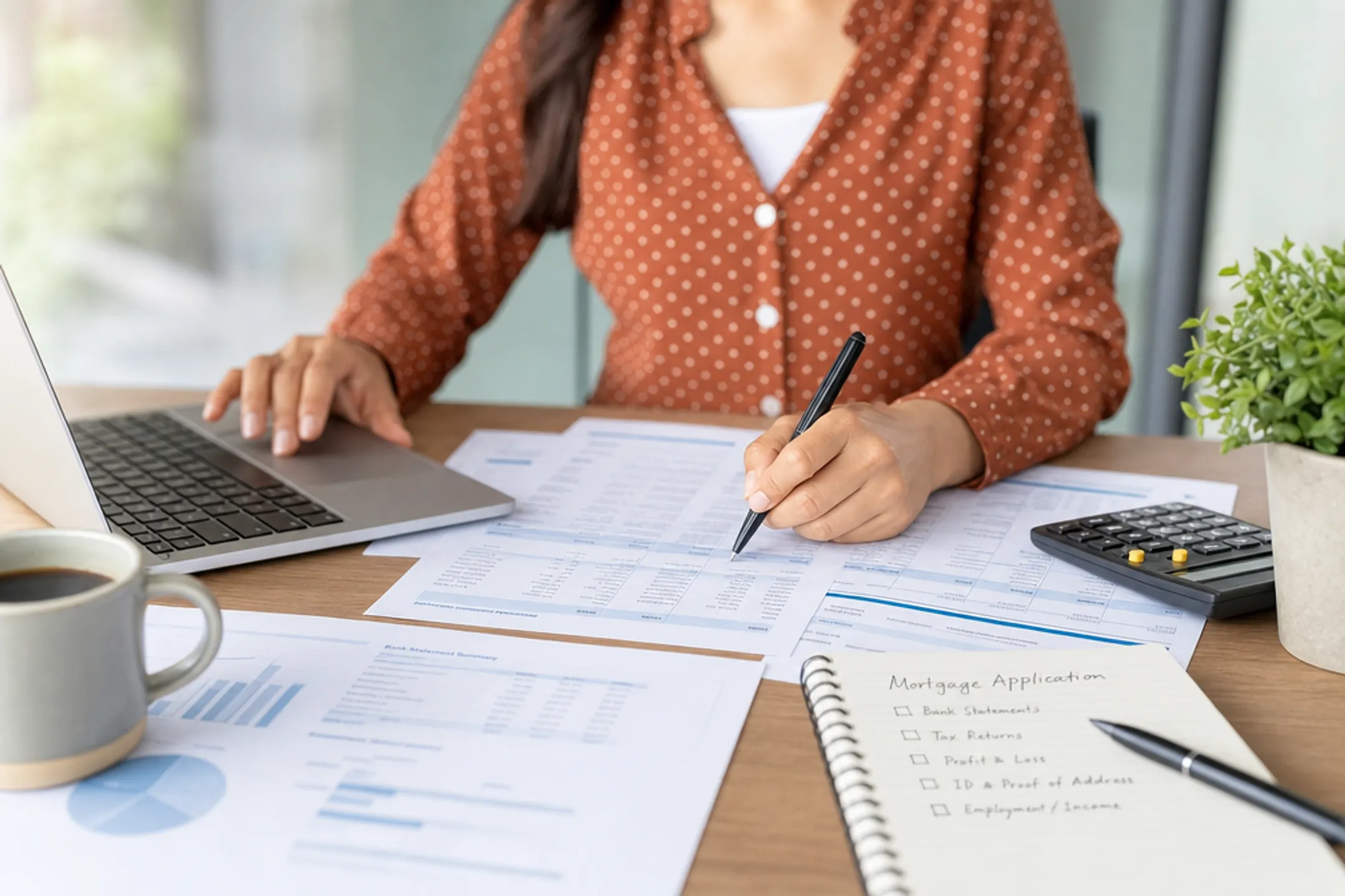 Business owner reviewing bank statements and financial documents at desk