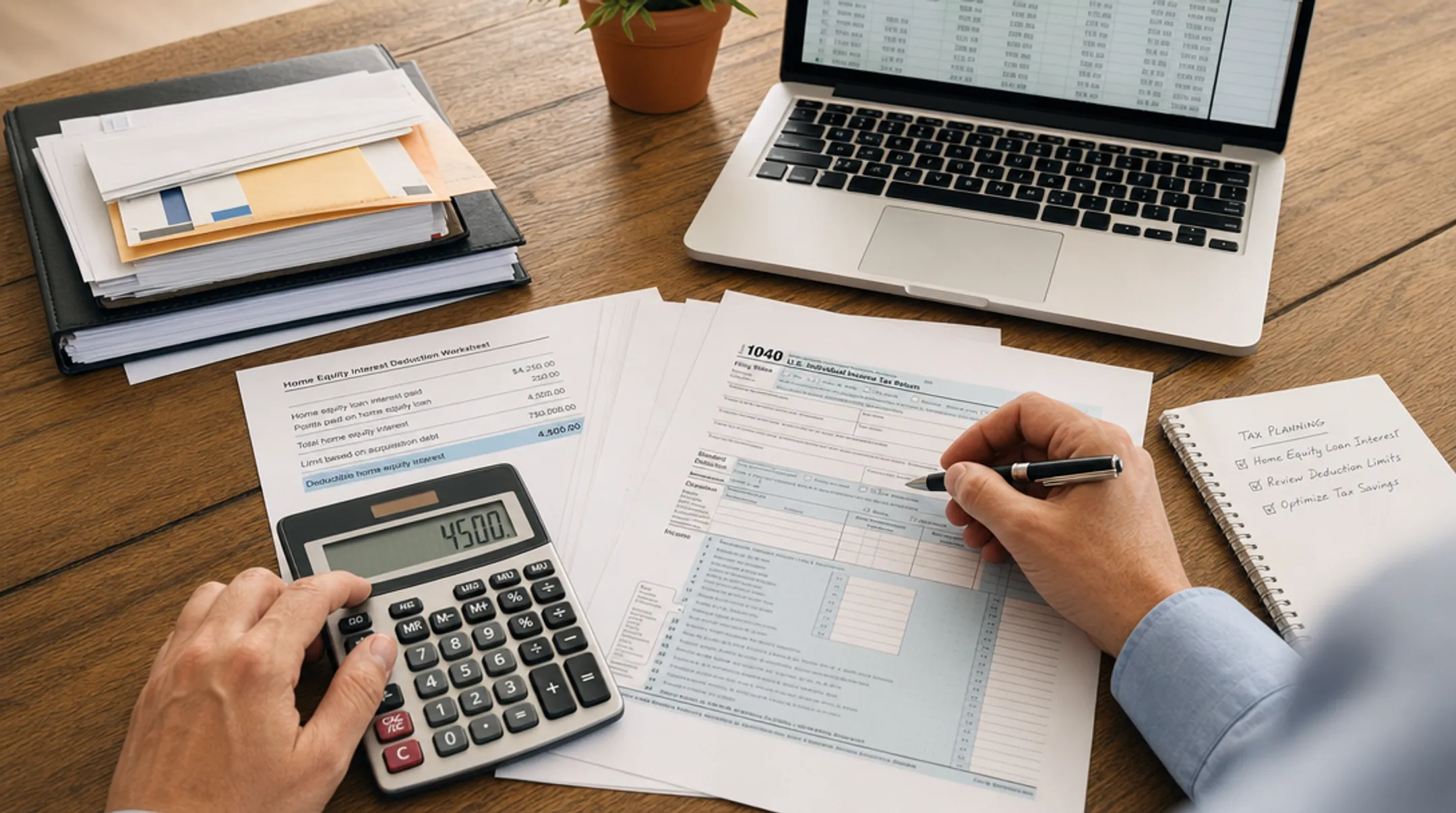 Homeowner reviewing tax documents and IRS forms at desk