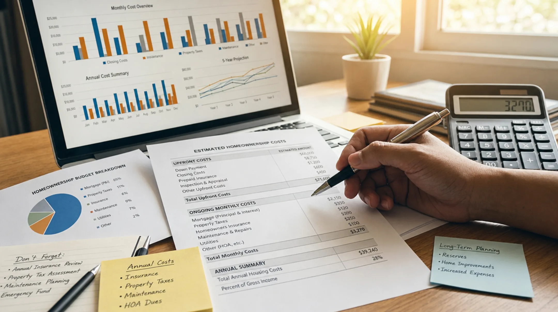 Homeowner reviewing mortgage closing costs and monthly budget documents