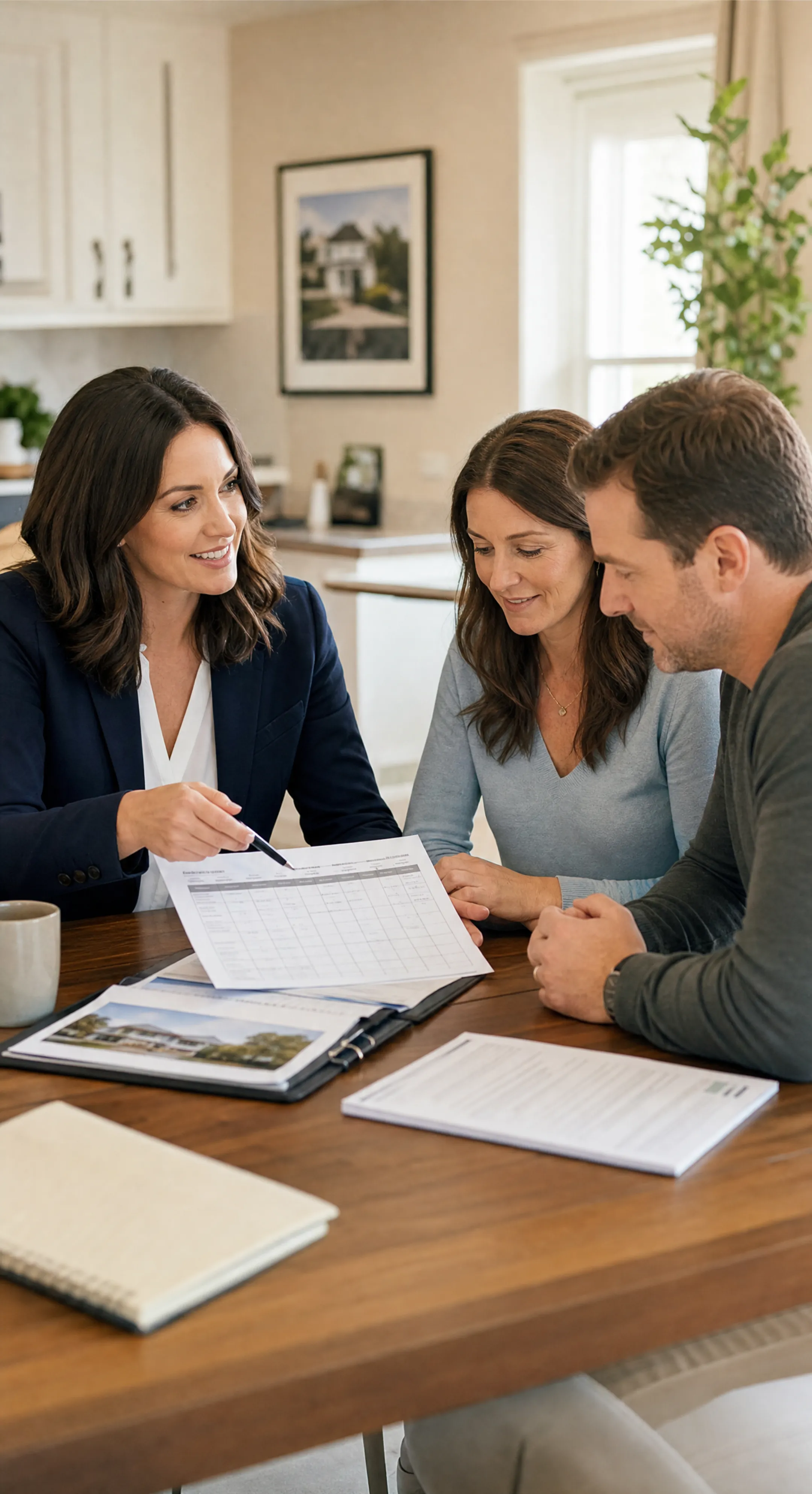 Real estate agent reviewing home listing timeline with sellers