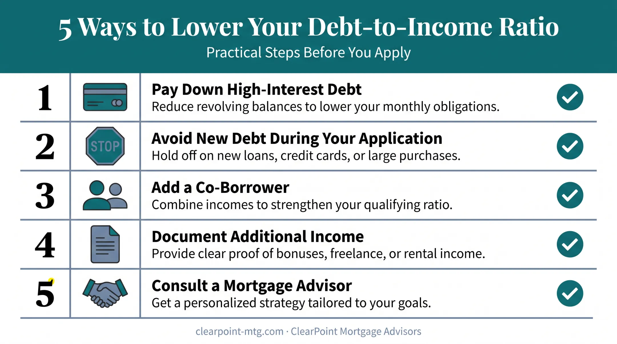 Five strategies to lower a high debt-to-income ratio checklist
