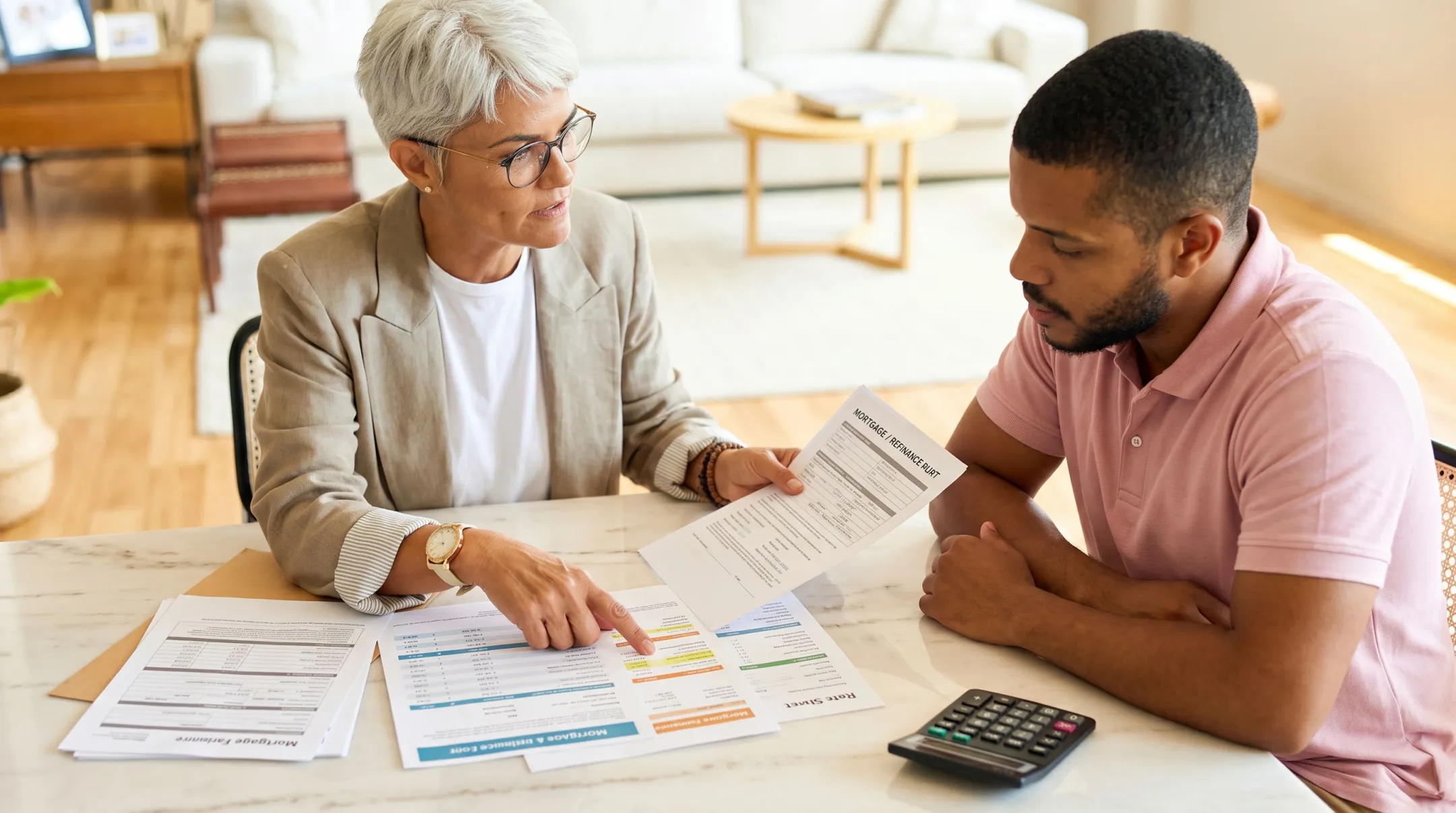 Homeowner reviewing cash-out refinance mortgage documents with advisor