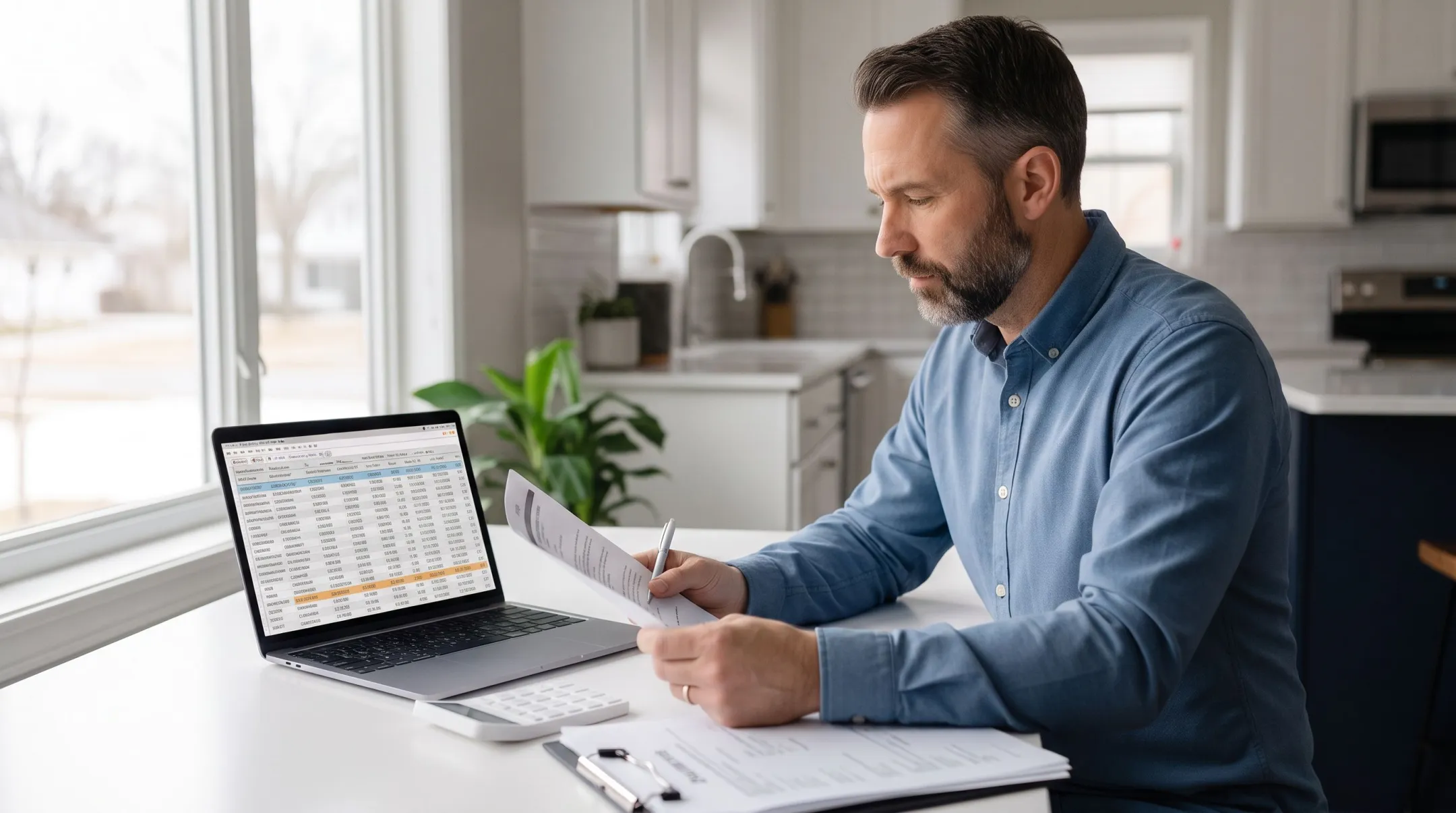 homeowner reviewing mortgage documents and tax paperwork at desk