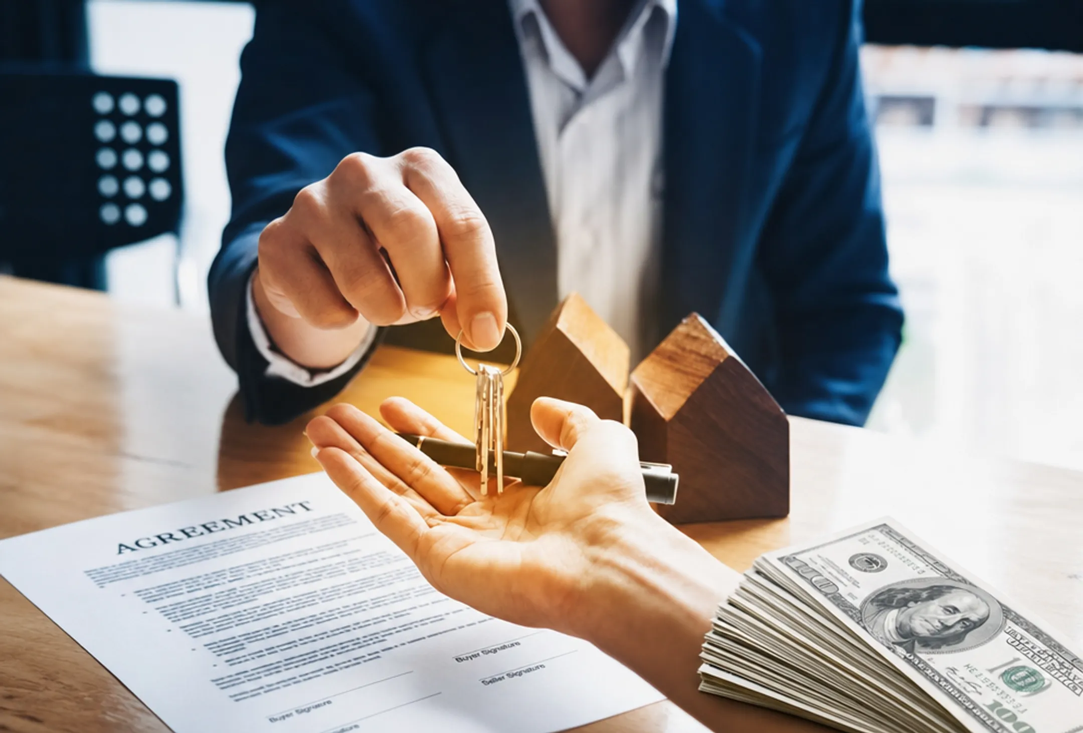 Real estate agent handing house keys to all-cash home buyer