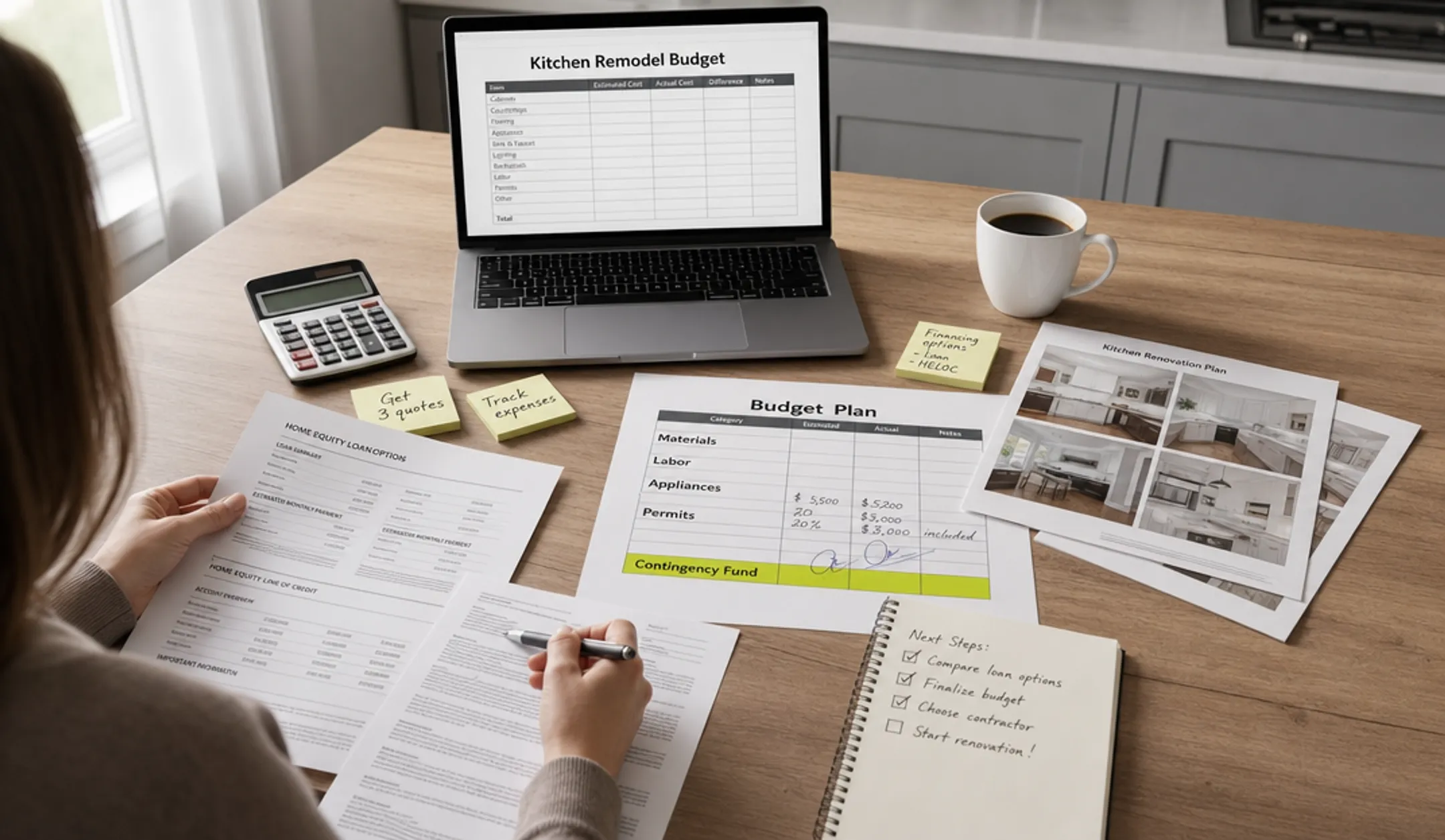 Homeowner reviewing renovation plans and mortgage refinance paperwork