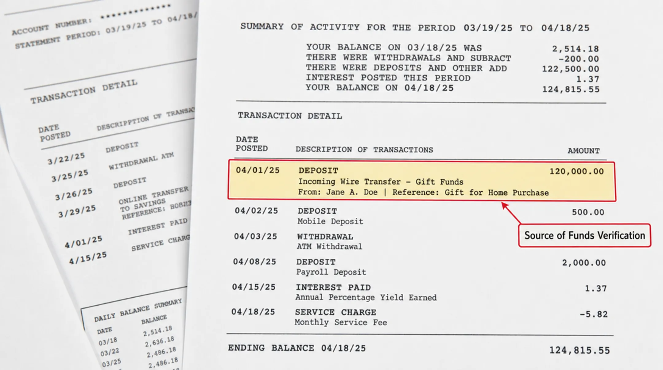 Bank statement showing documented large deposit transfer for mortgage verification