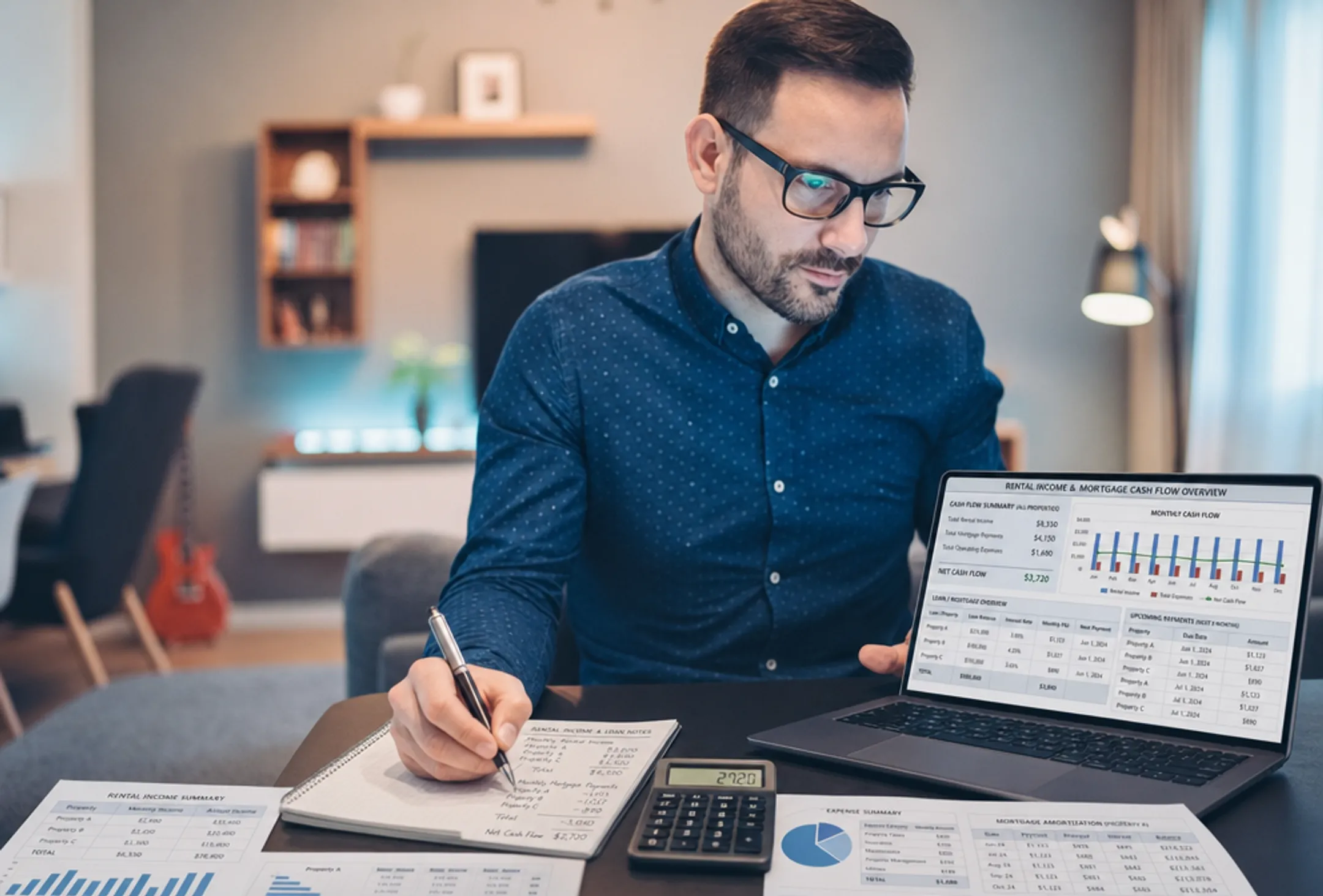 Homeowner reviewing rental property cash flow and mortgage statements