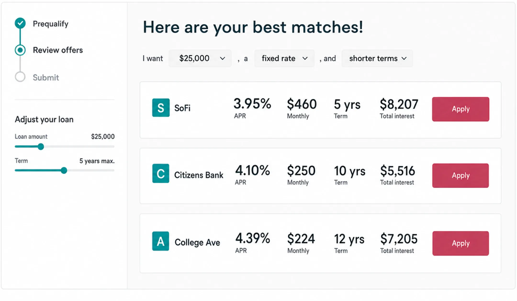Personal loan application interface showing APR rates and loan terms