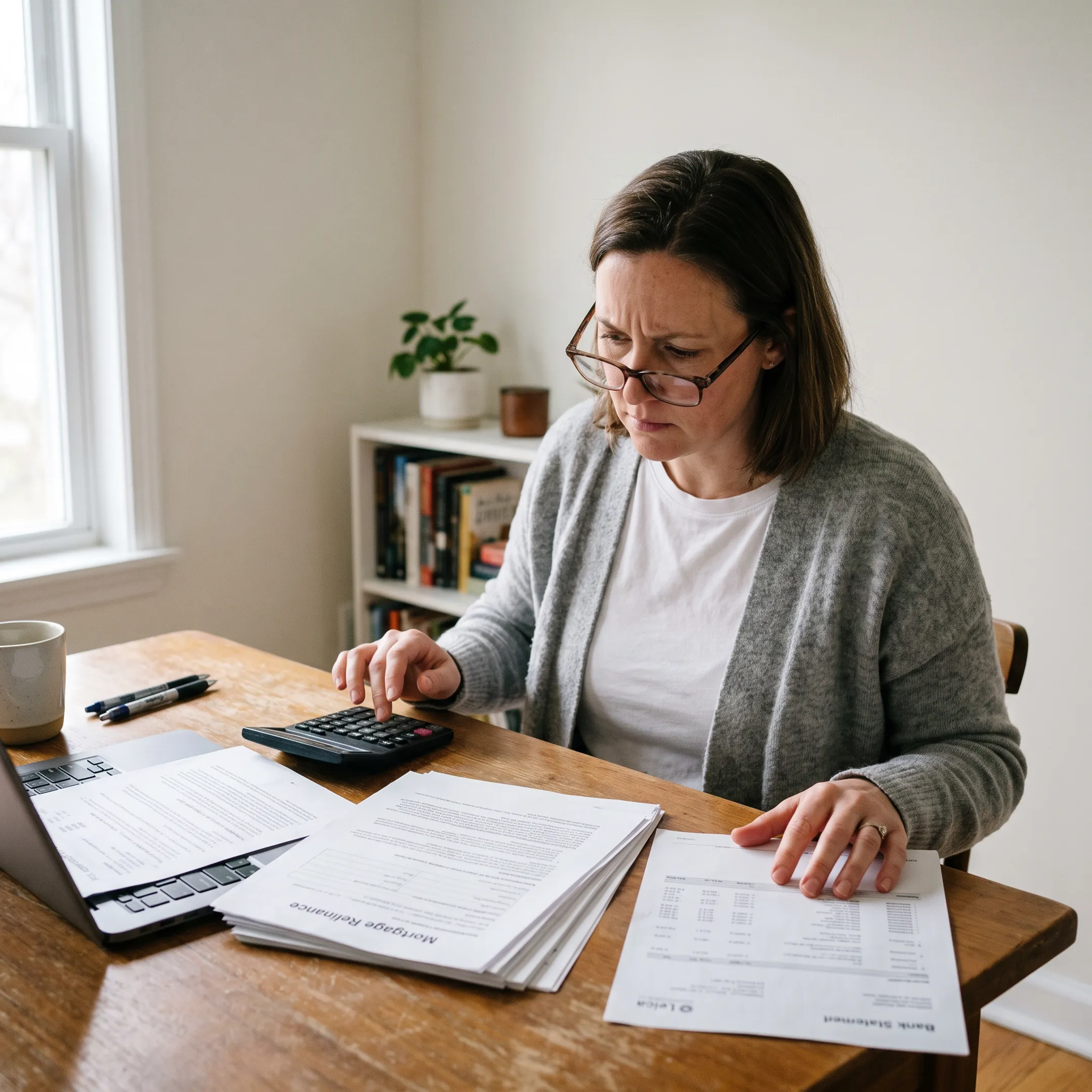 Self-employed homeowner reviewing refinance documents