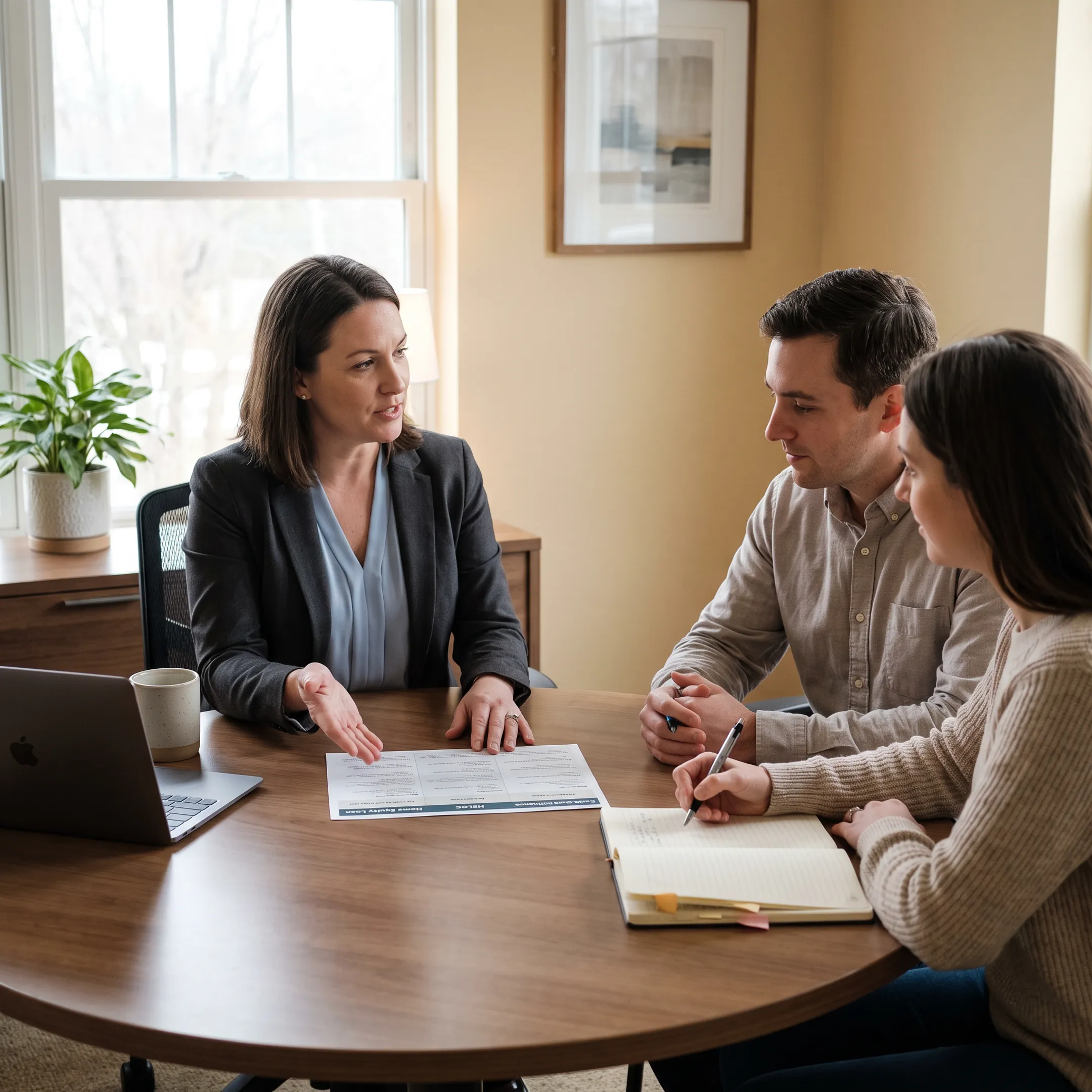 Advisor discussing home equity financing choices with homeowners