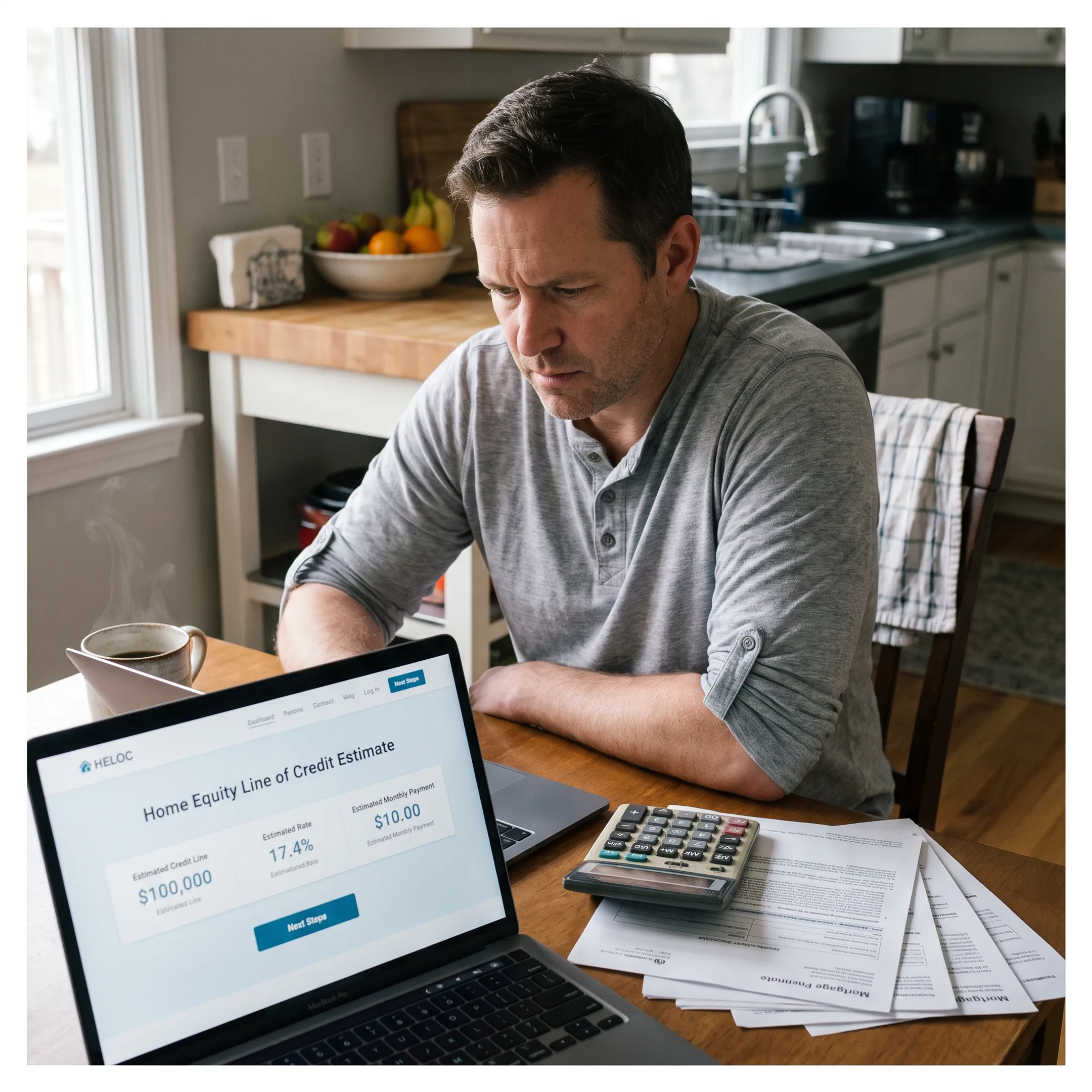 Homeowner reviewing a HELOC borrowing estimate