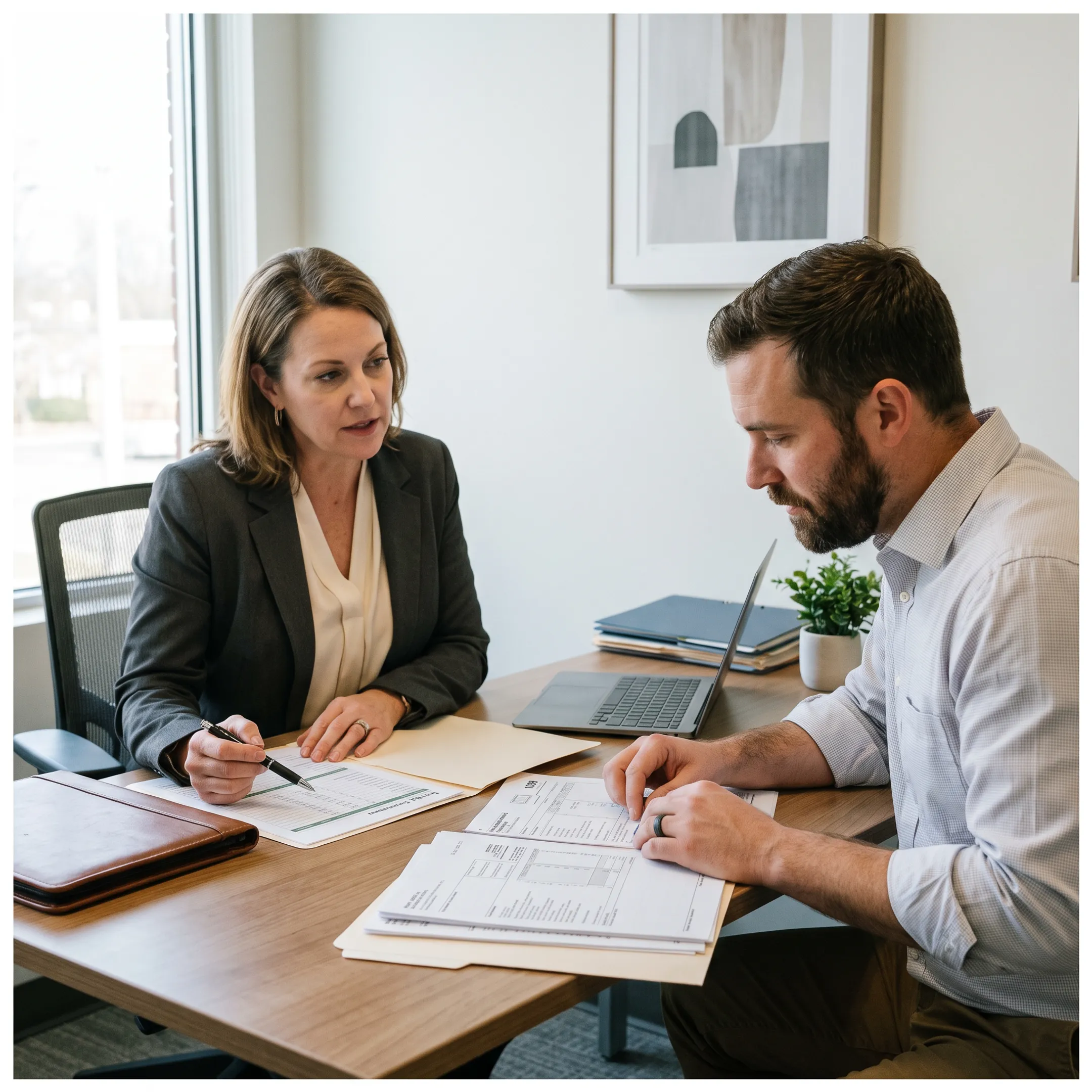 Mortgage advisor discussing contractor income options