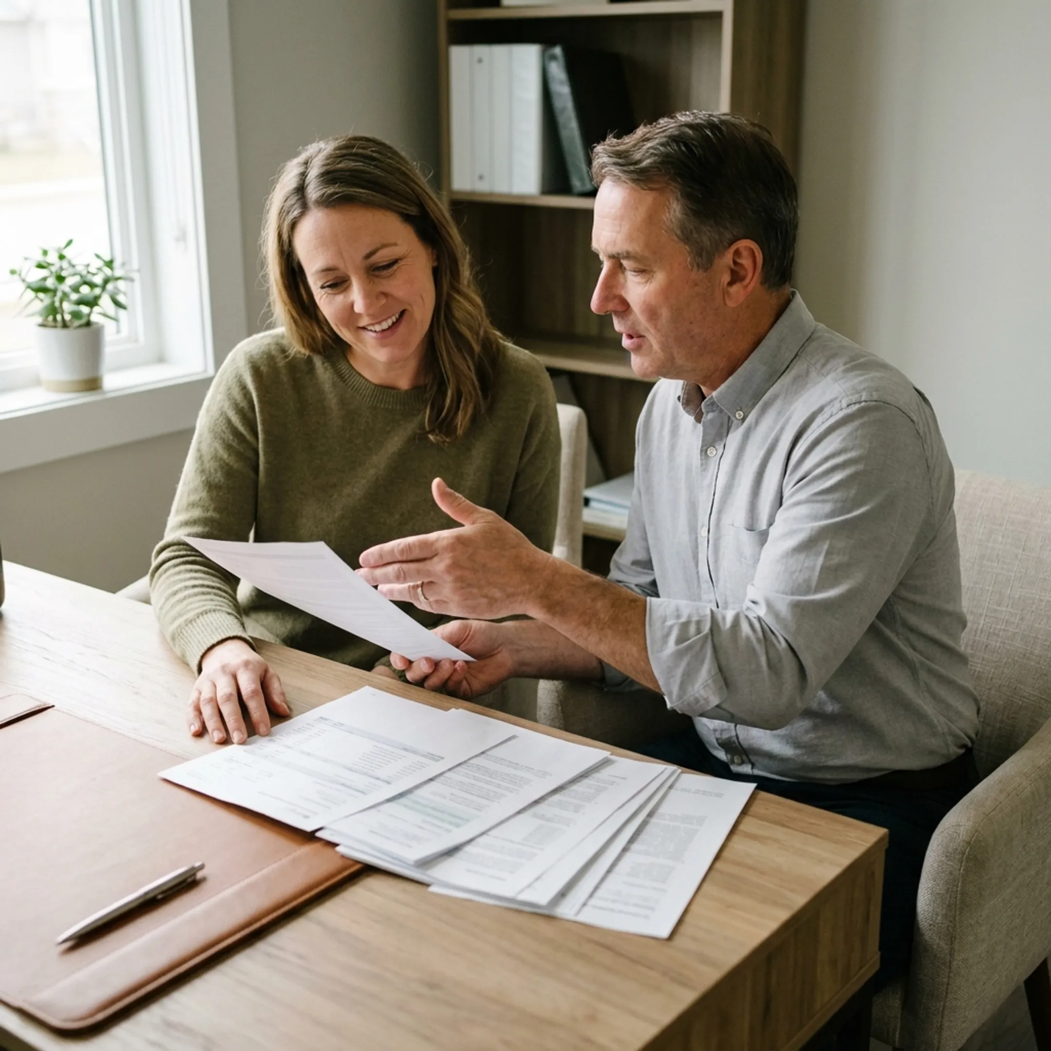 Self-employed borrower discussing mortgage documents with an advisor