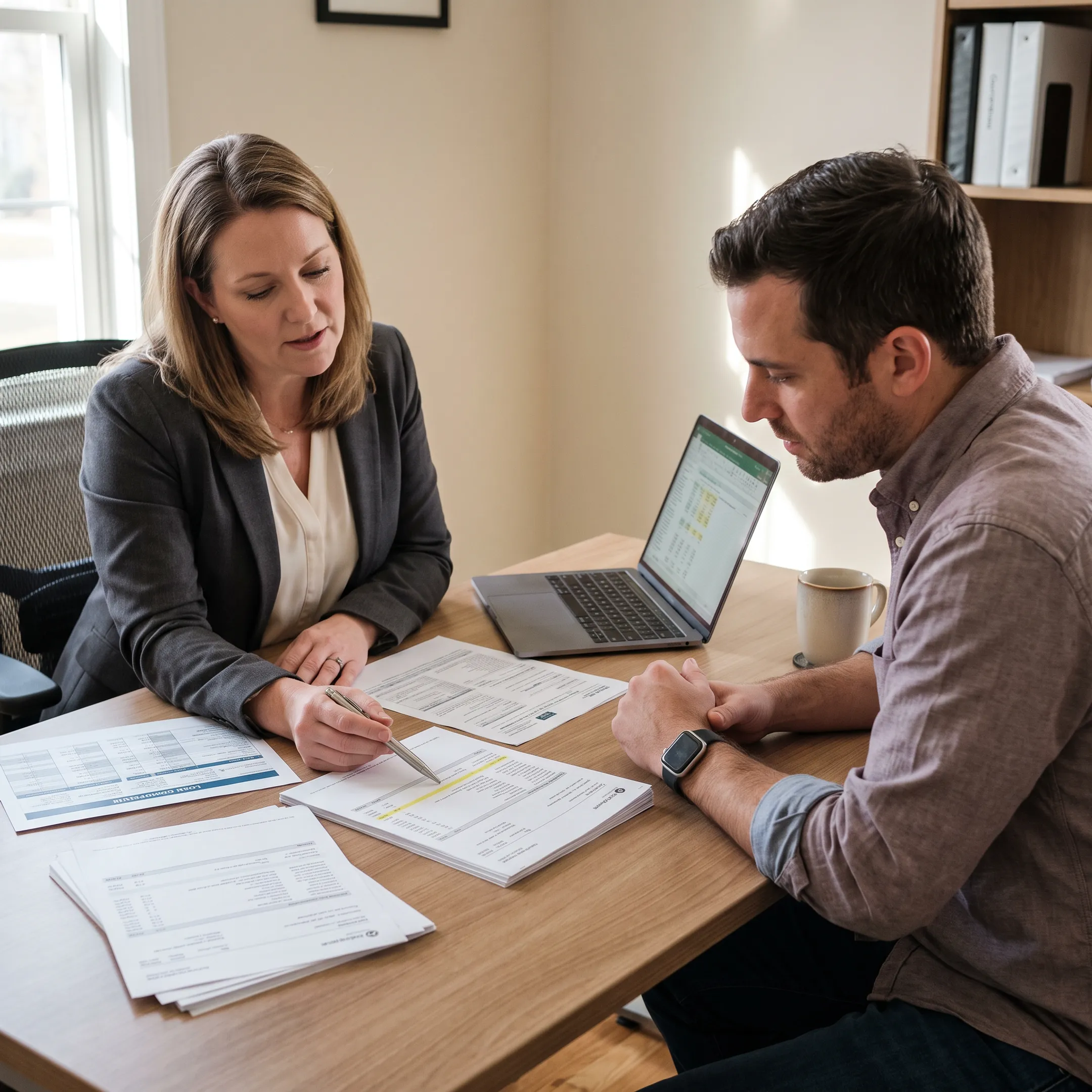 Advisor reviewing bank statements with a self-employed mortgage borrower