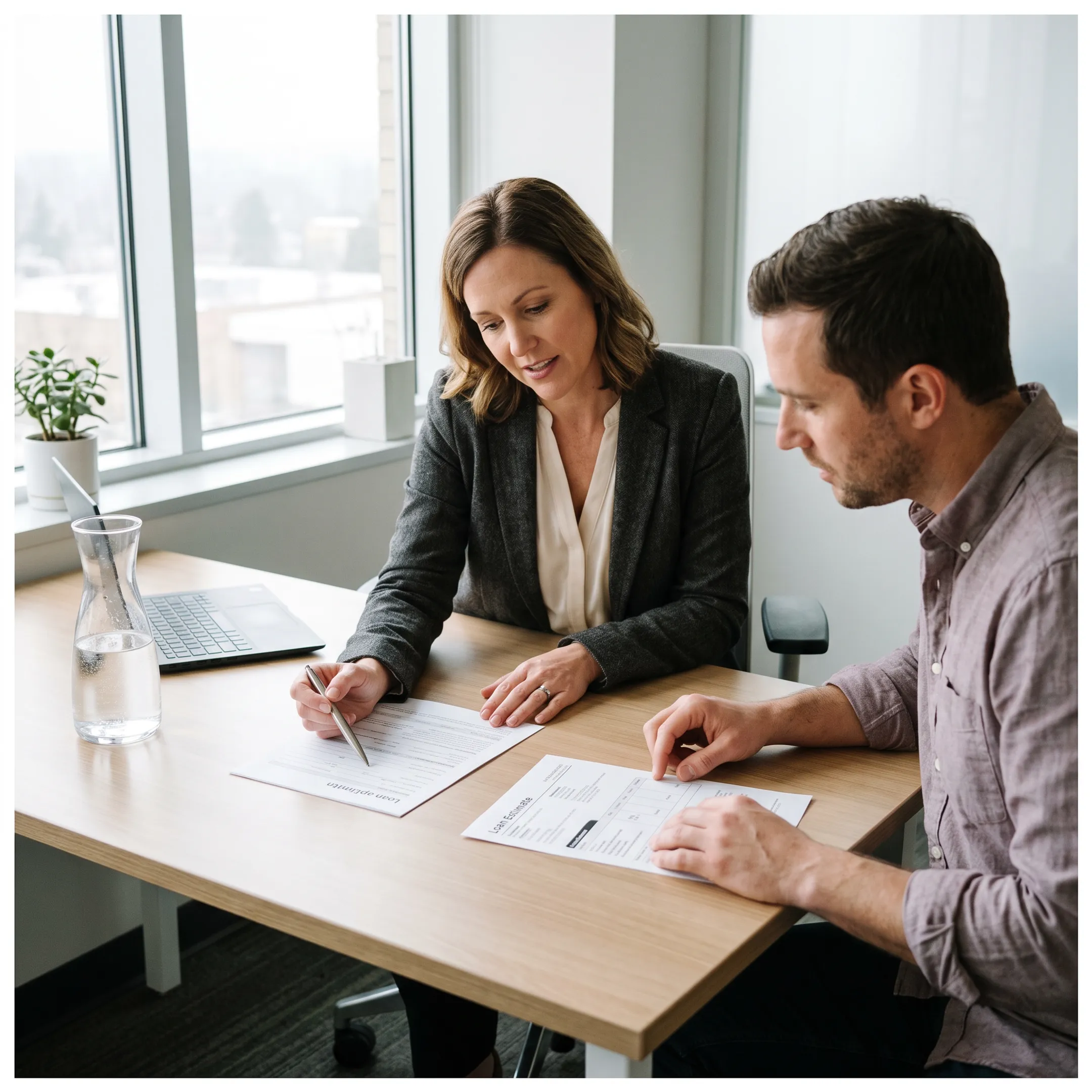Homebuyer reviewing mortgage application documents with an advisor