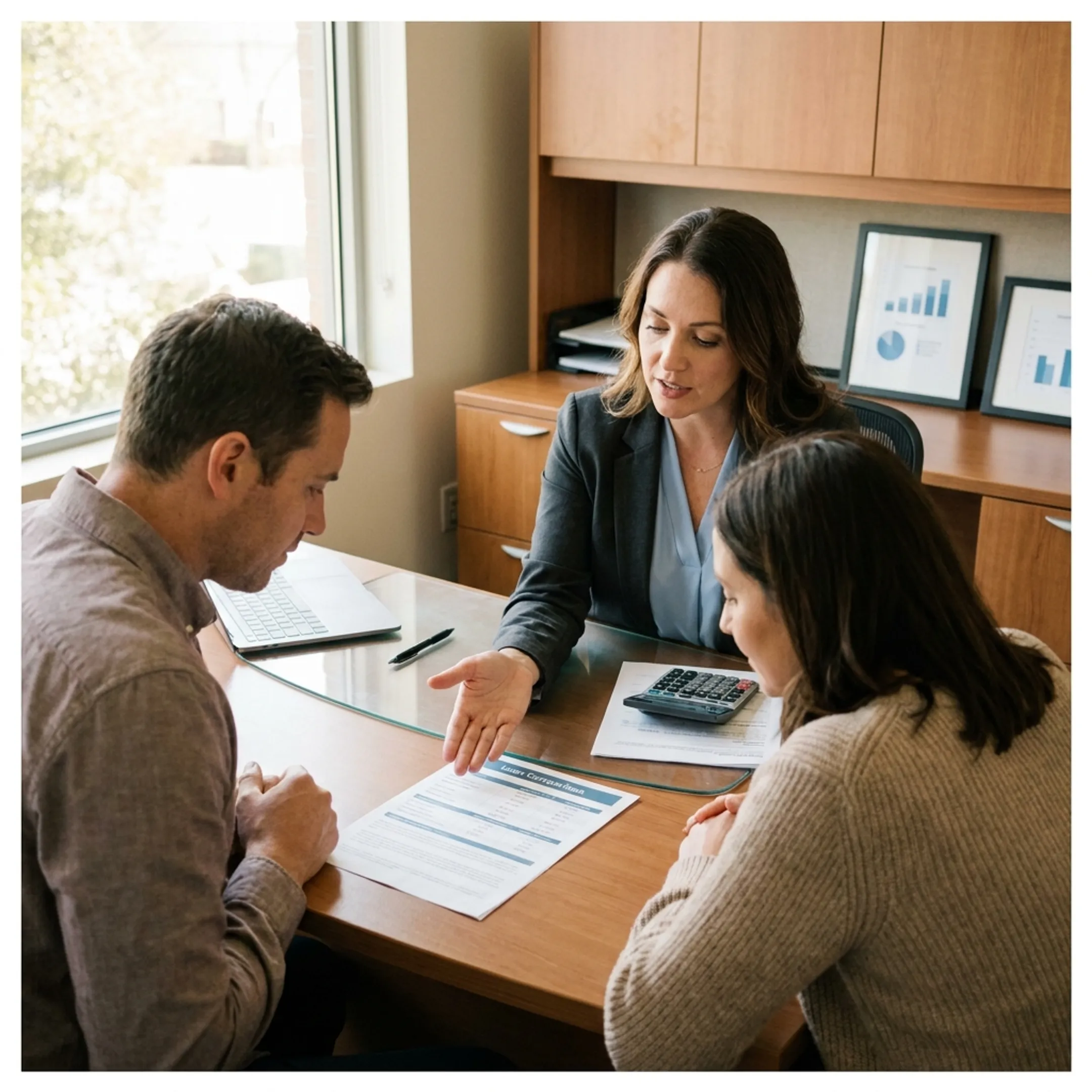 Advisor explaining mortgage refinance choices to homeowner