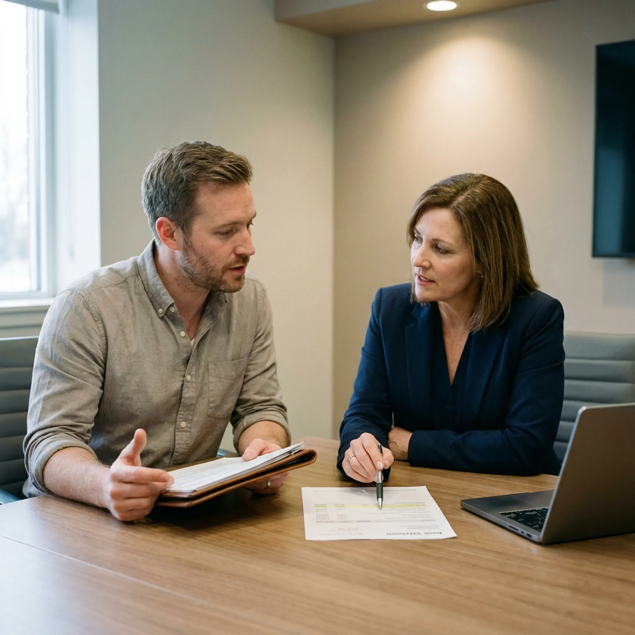 Mortgage advisor discussing statement loan options with a self-employed borrower