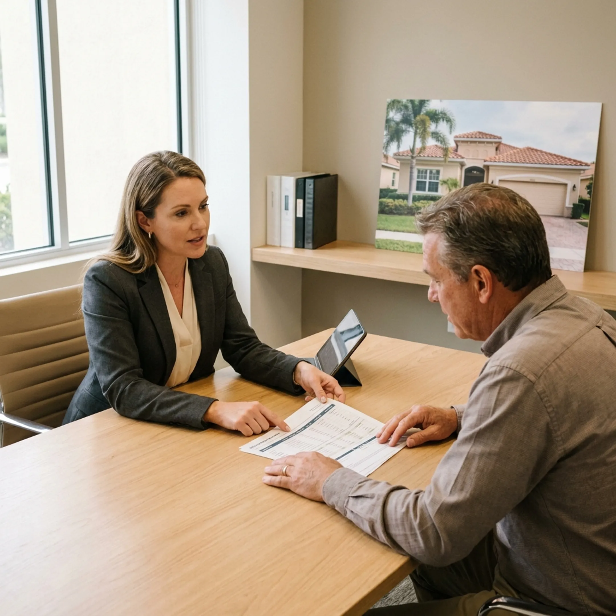 Advisor explaining mortgage financing choices to a homeowner