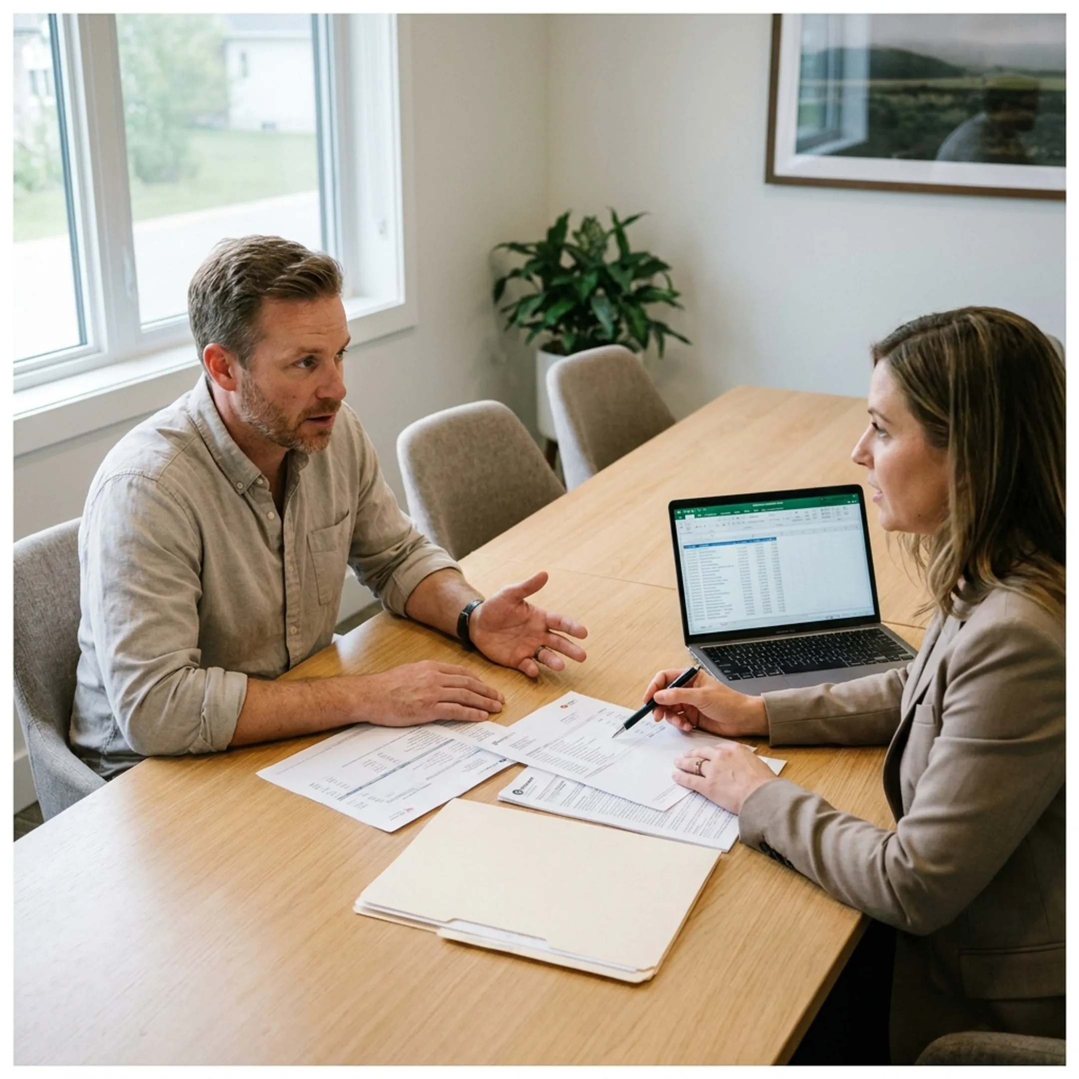 Self-employed borrower reviewing bank statements with a mortgage advisor