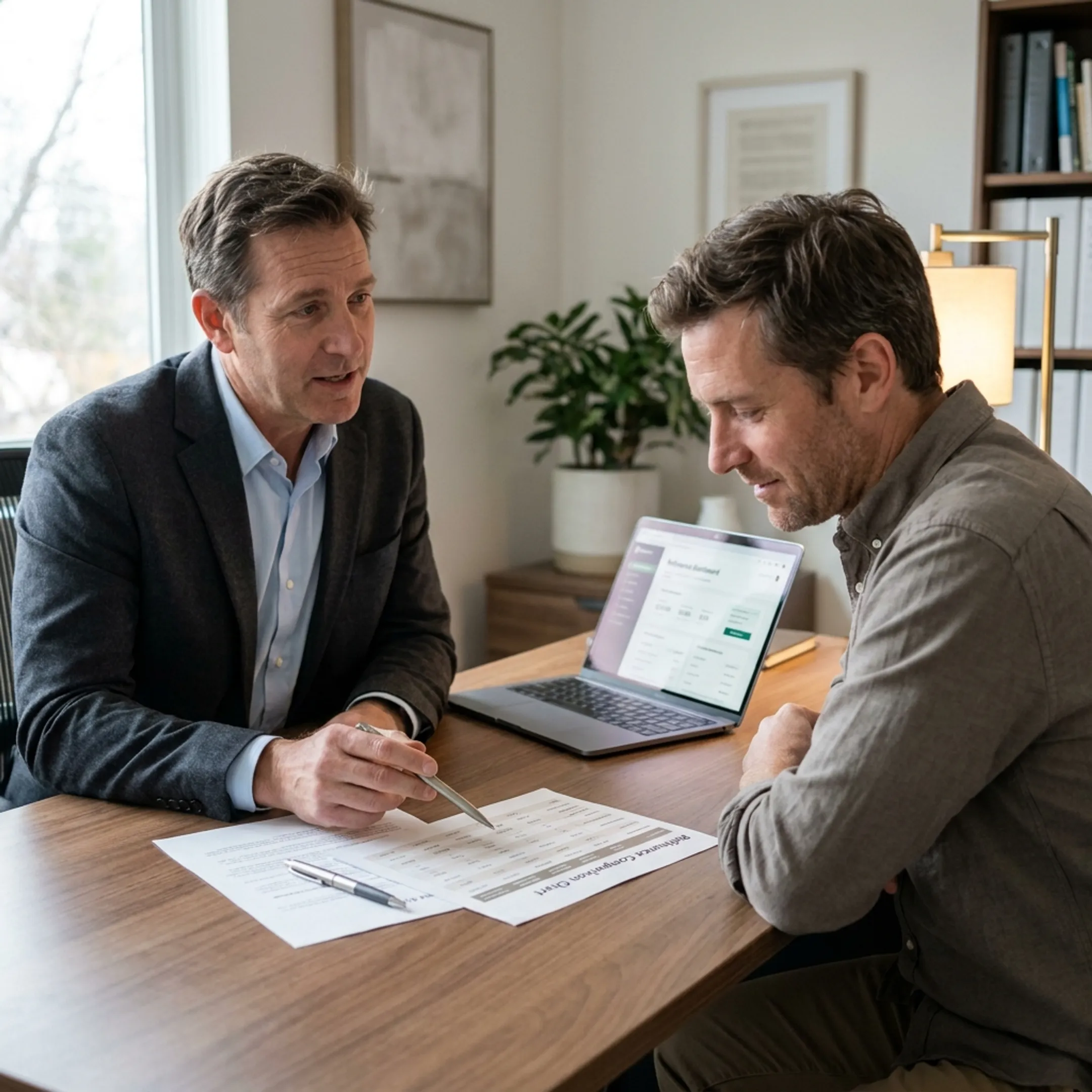 Advisor explaining mortgage refinance choices to a homeowner