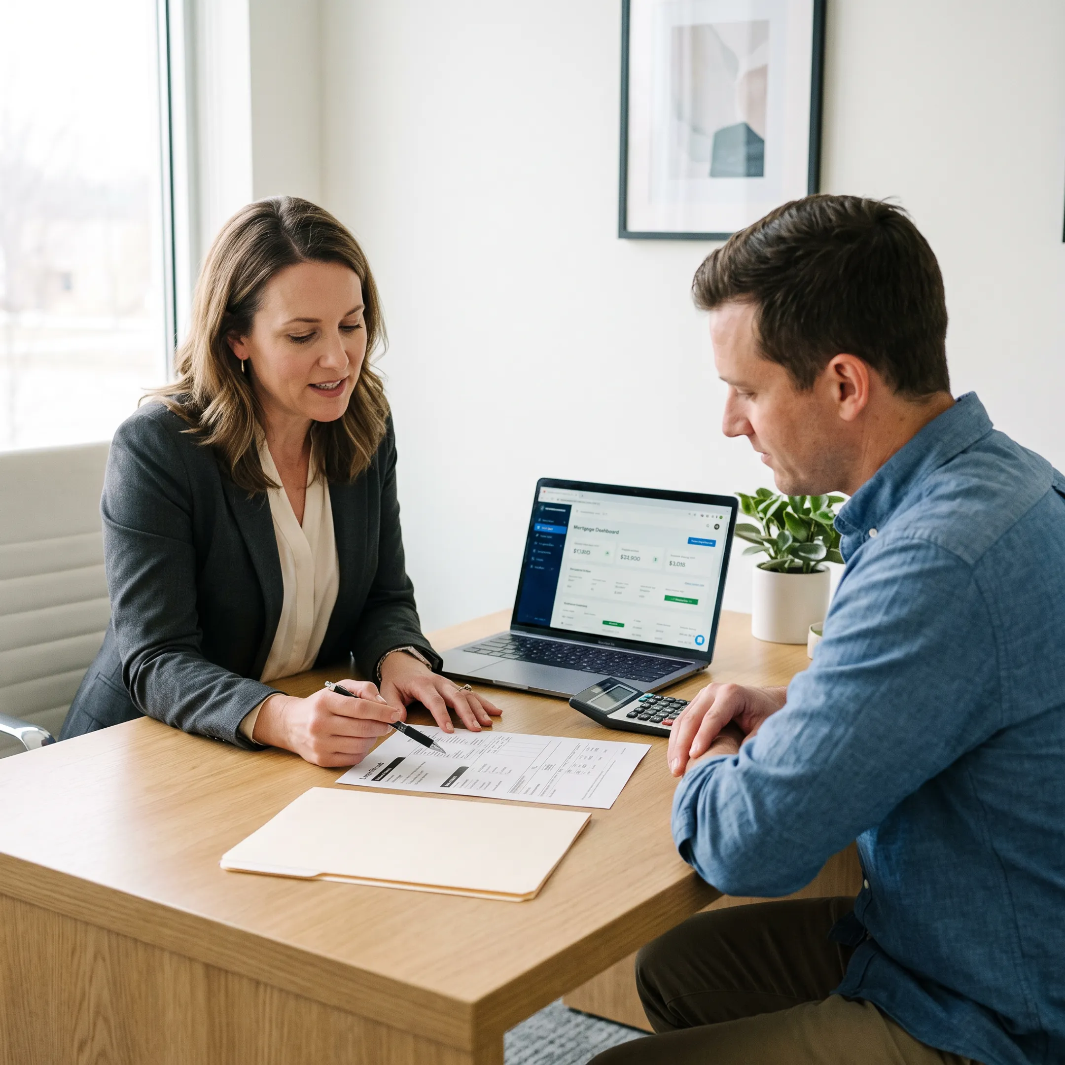 Borrower reviewing a home loan application with a mortgage advisor
