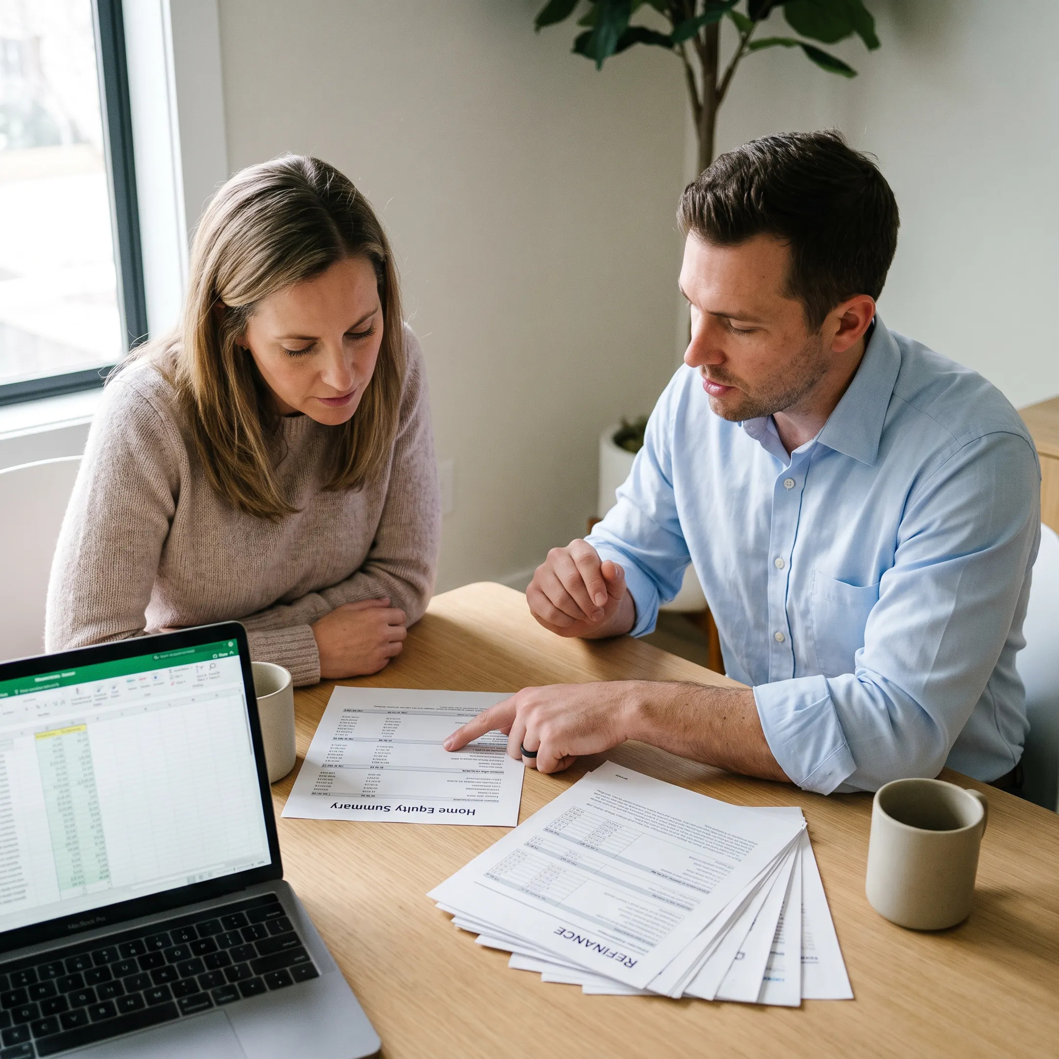 Homeowner reviewing mortgage refinance documents with an advisor