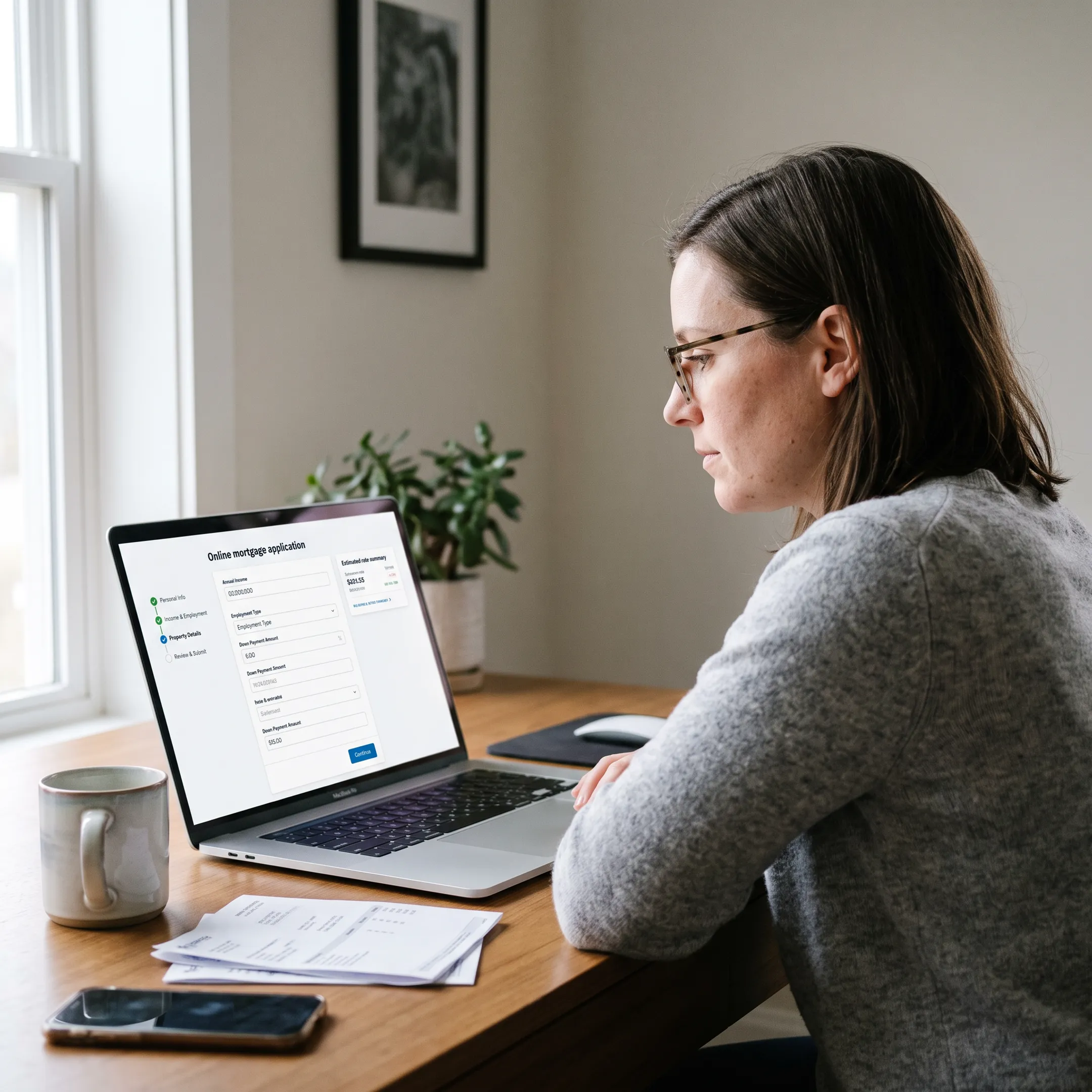 Borrower completing an online mortgage application at home