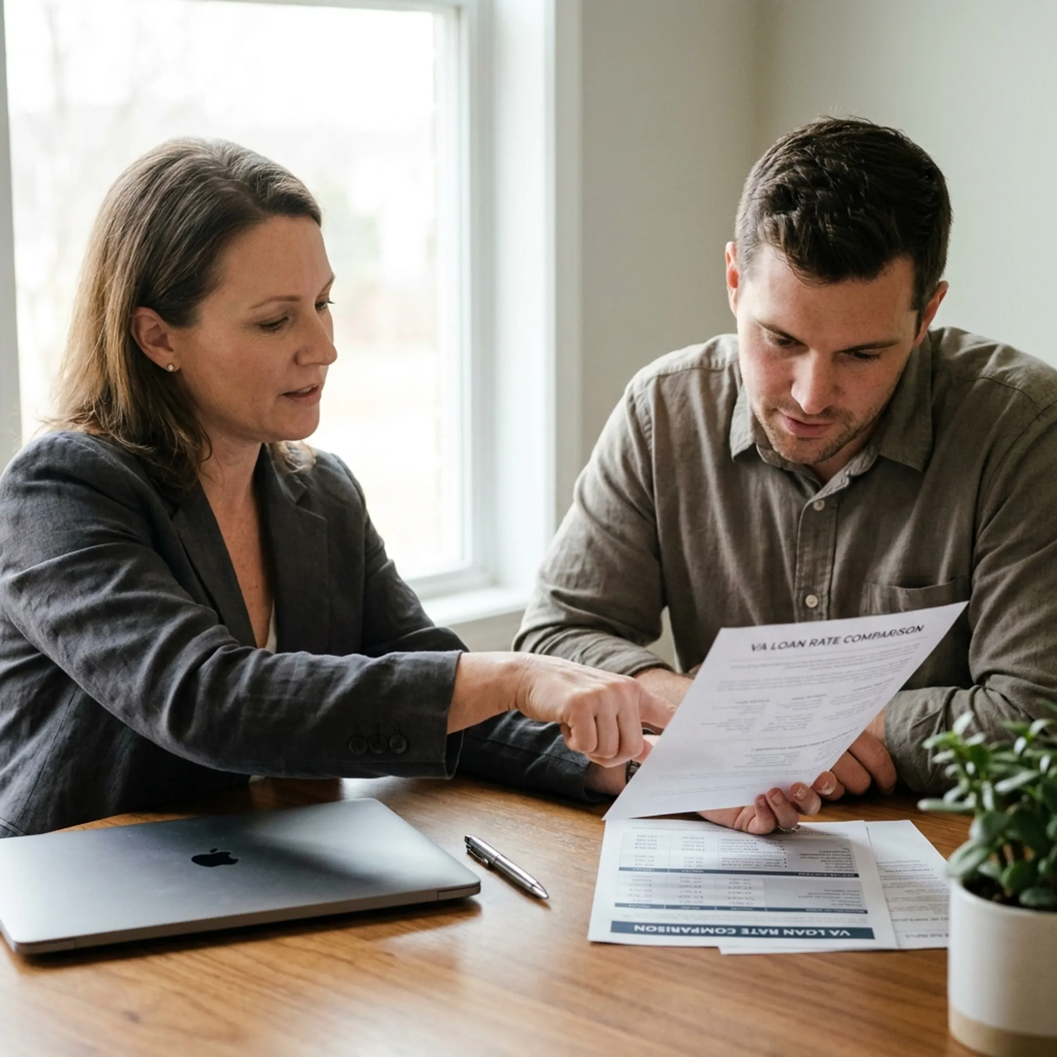 Advisor explaining VA mortgage rate options to a borrower