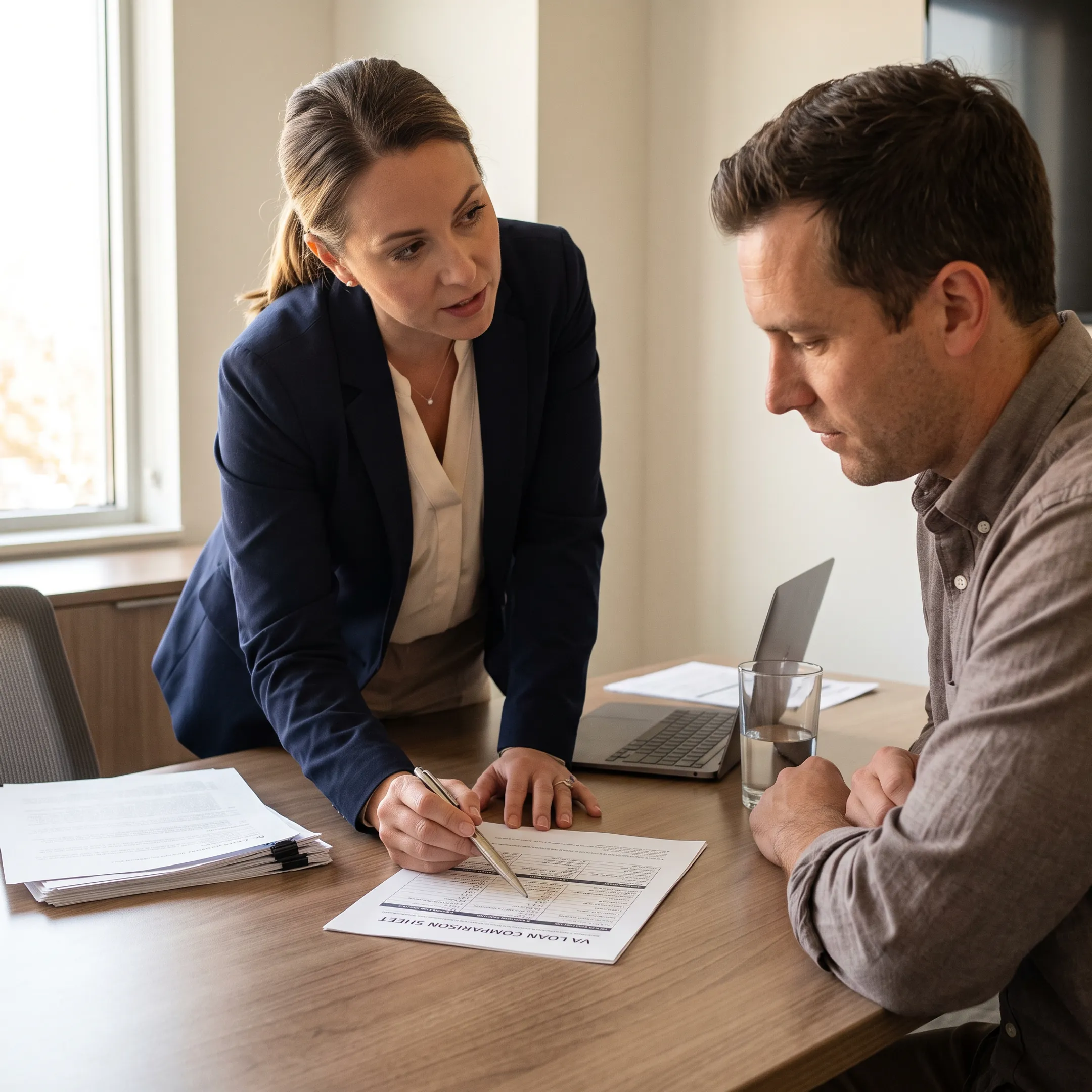 Mortgage advisor discussing VA home loan options with a prospective borrower