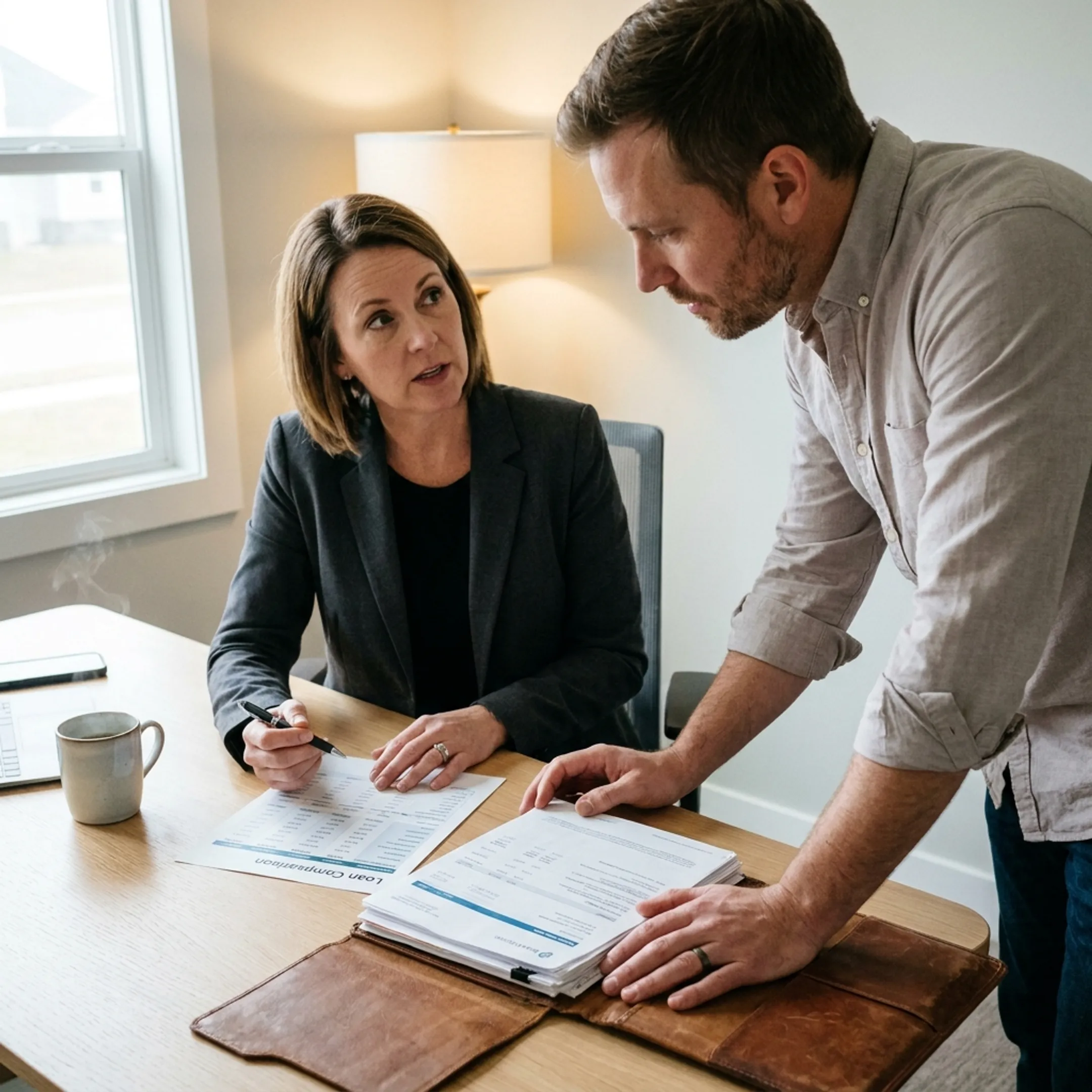 Mortgage advisor explaining bank statement loan options to a self-employed borrower