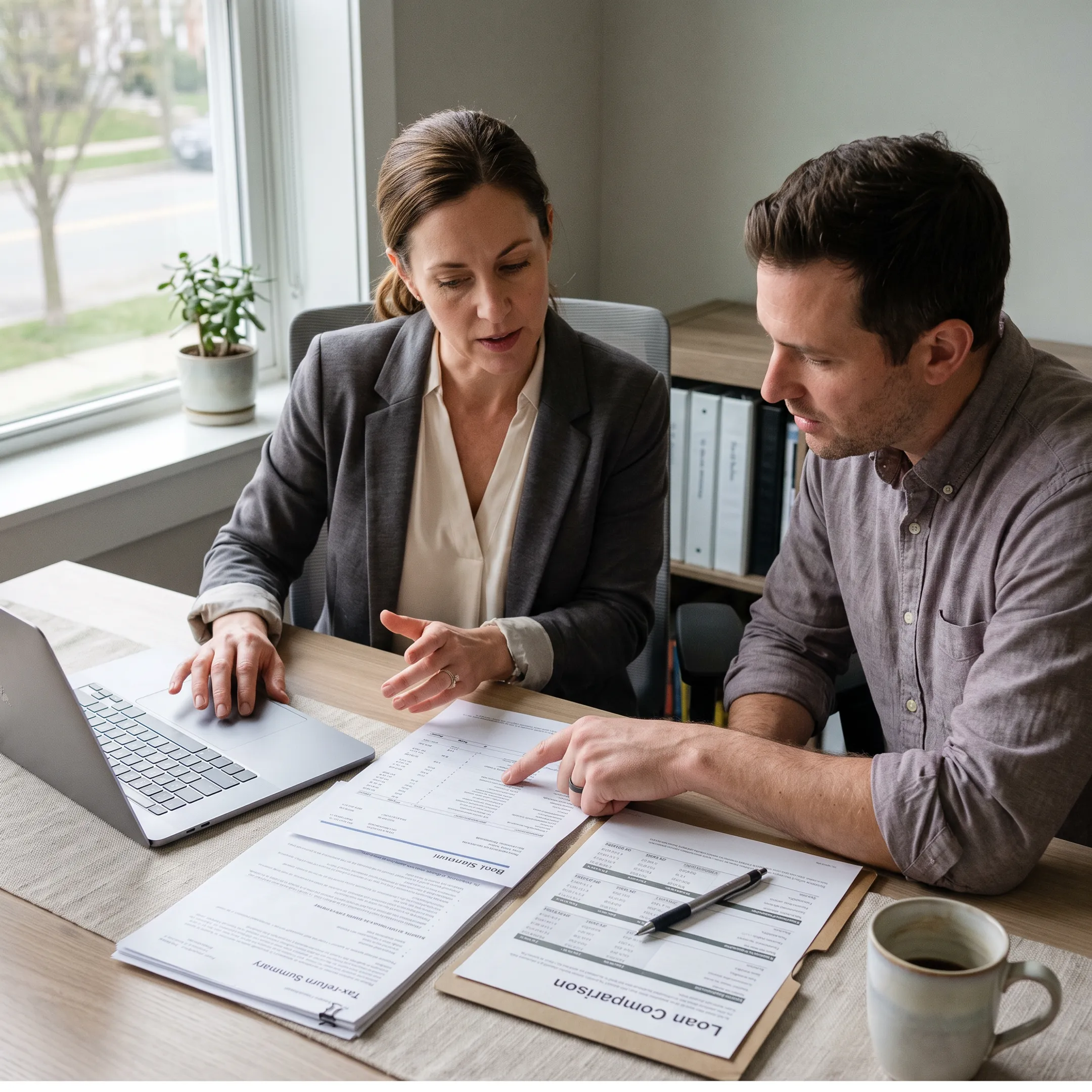 Self-employed borrower reviewing mortgage documents and bank statements with an advisor