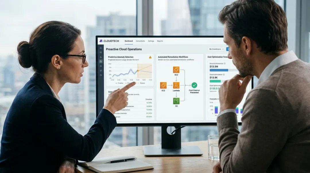 Futuristic AI dashboard proactively detecting and resolving employee IT issues autonomously