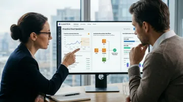 Futuristic AI dashboard proactively detecting and resolving employee IT issues autonomously