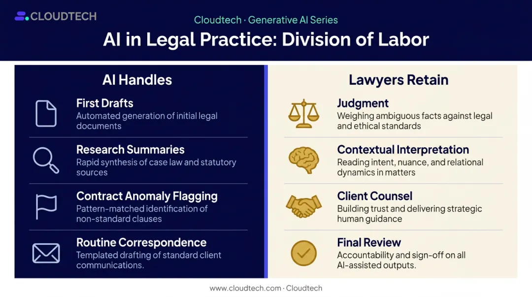AI versus lawyer task division comparison showing responsibilities and workflow split