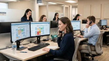Medical front desk staff answering patient calls at busy multi-location clinic