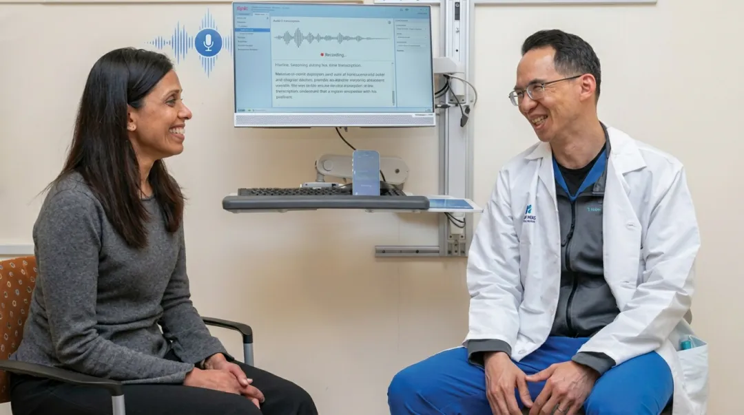 Physician using ambient AI scribe during patient encounter in clinical exam room