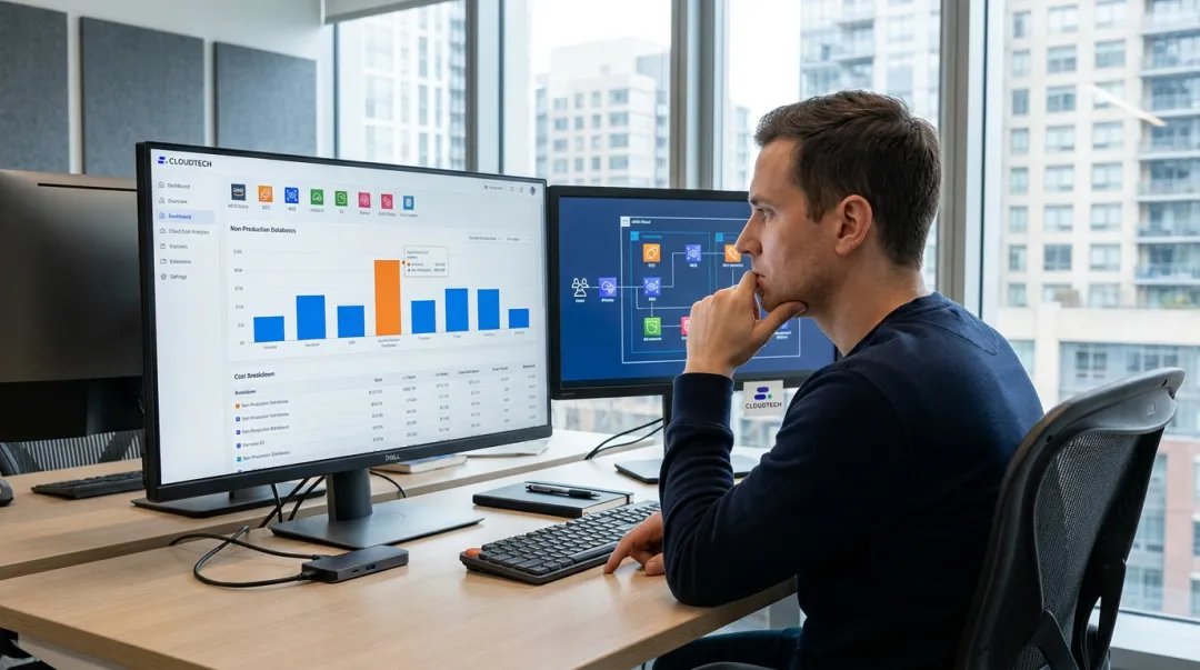 Cloud cost dashboard revealing unexpected dev database spend from enabled Multi-AZ configuration