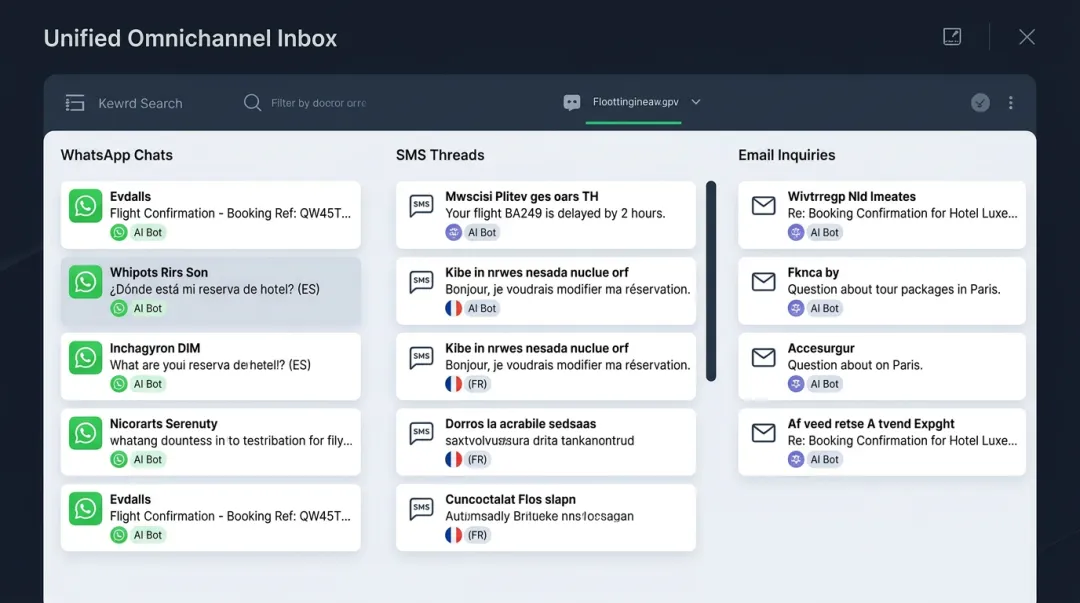 AI chatbot omnichannel travel support dashboard showing multilingual messaging conversations