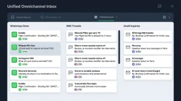 AI chatbot omnichannel travel support dashboard showing multilingual messaging conversations
