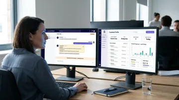 Customer service agent reviewing AI chatbot escalation handoff on dual monitor workstation