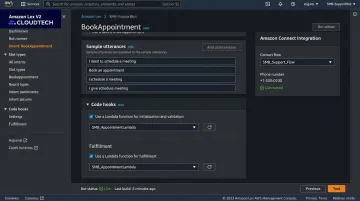 Amazon Lex chatbot deployment integrated within AWS cloud infrastructure dashboard