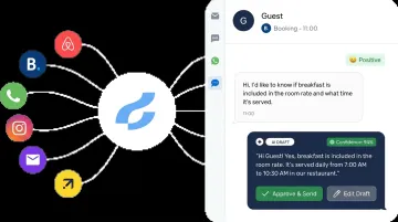 Property management software inbox showing AI-drafted guest message reply interface