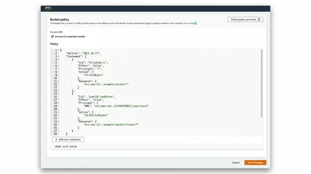 AWS S3 bucket policy configuration interface showing IAM permissions settings