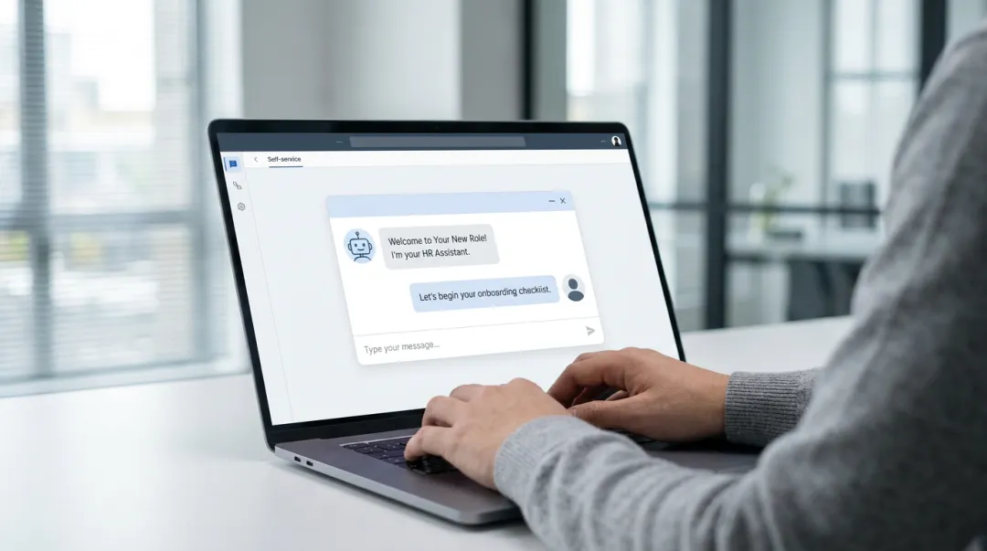 Employee onboarding chatbot conversation interface on laptop screen in office