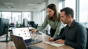 Customer service team manager briefing agents on chatbot handoff workflow process