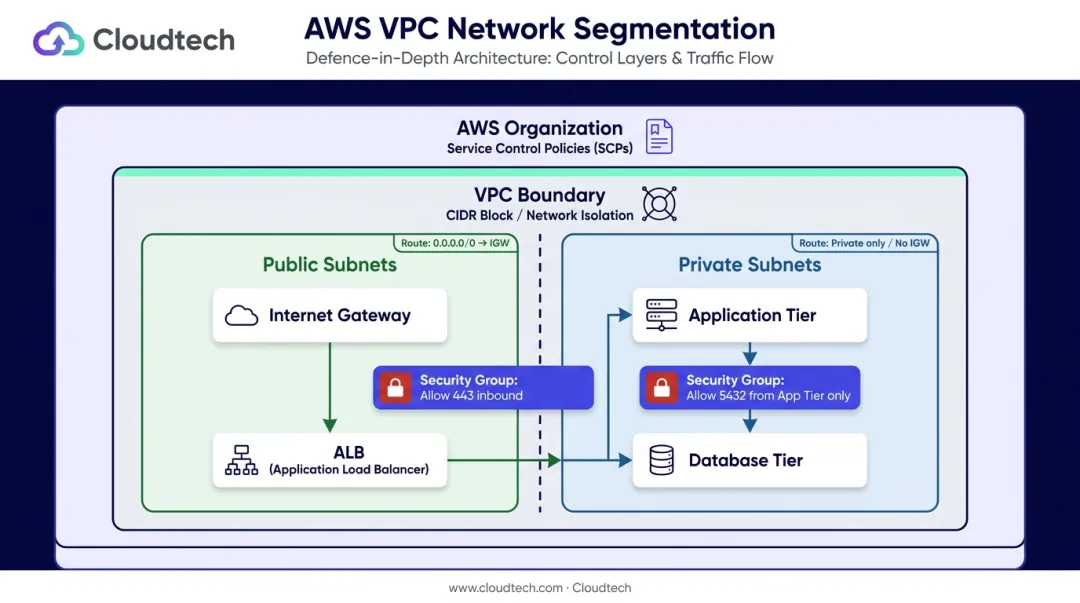 AWS VPC network segmentation layers showing public private subnet security controls