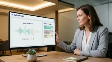 Healthcare professional using empathic voice AI interface on tablet for patient intake
